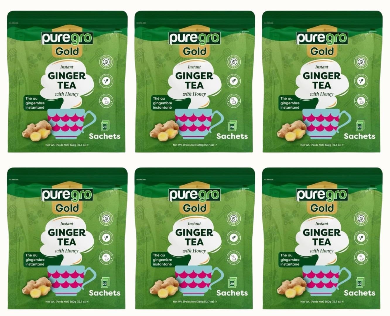 Puregro Gold Instant Ginger Tea with Honey 360g (20 Sachets) | PACK OF 6 | InstantGinger Tea | Warming Beverage, Soothing & Refreshing | Natural Ginger & Sweet Honey Blend | Easy to Prepare.