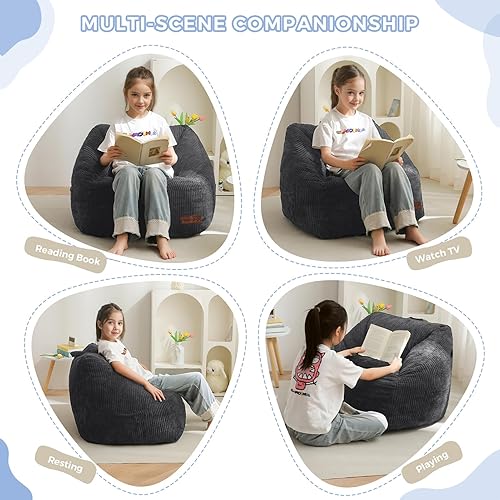 Miniatura 4 de MAXYOYO Puf para niños, puf con asa, cómoda silla para niños y niñas, sofá decorativo con bolsillo para jugar, leer y relajarse, color gris oscuro