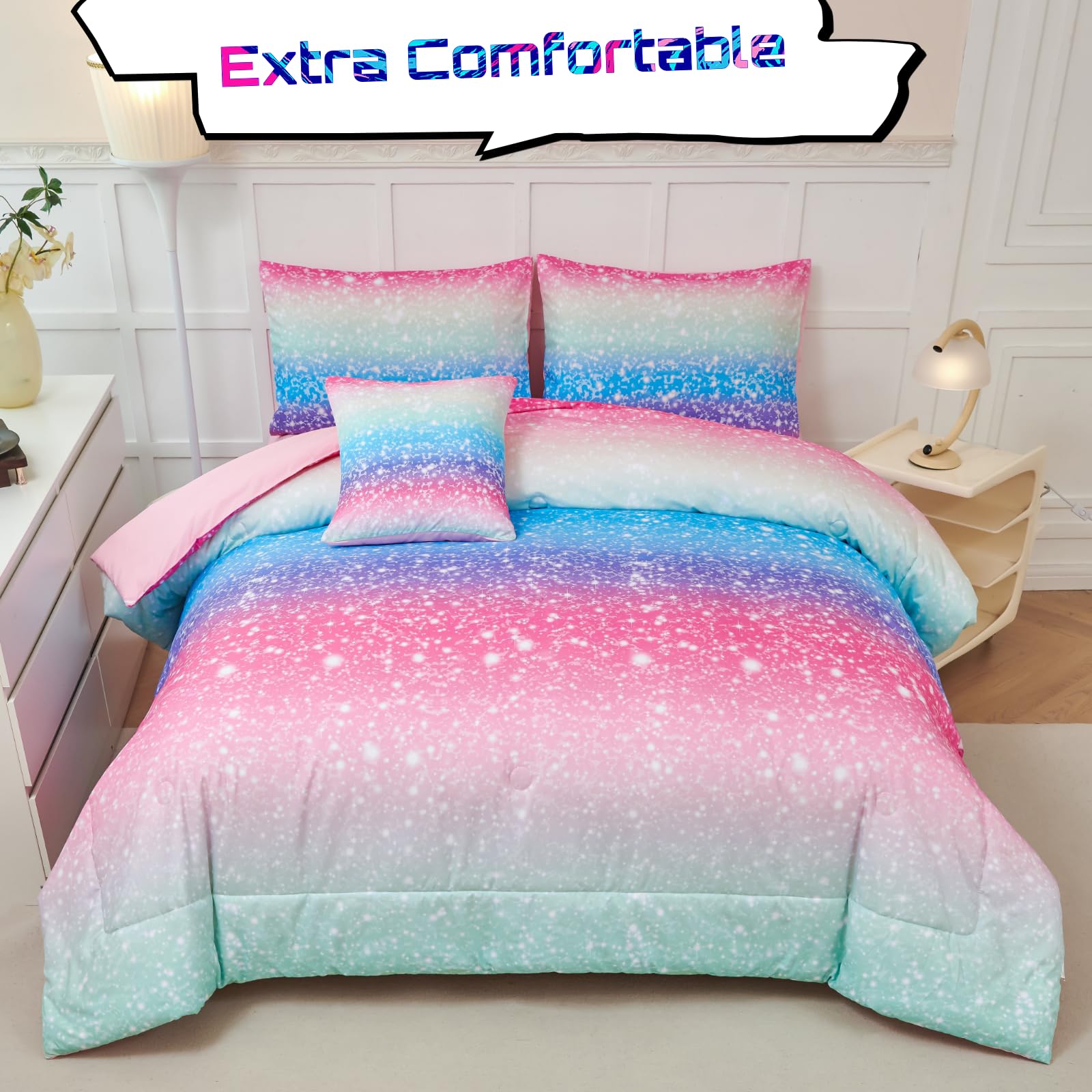 PERFEMET Niebiesko-zielony zestaw pościeli dla dziewczynek, 6 szt., kolorowe tęczowe zestawy pościeli dla dzieci, Tie Dye ombre, podwójne kołdry z prześcieradłami, gradientowe zestawy łóżek