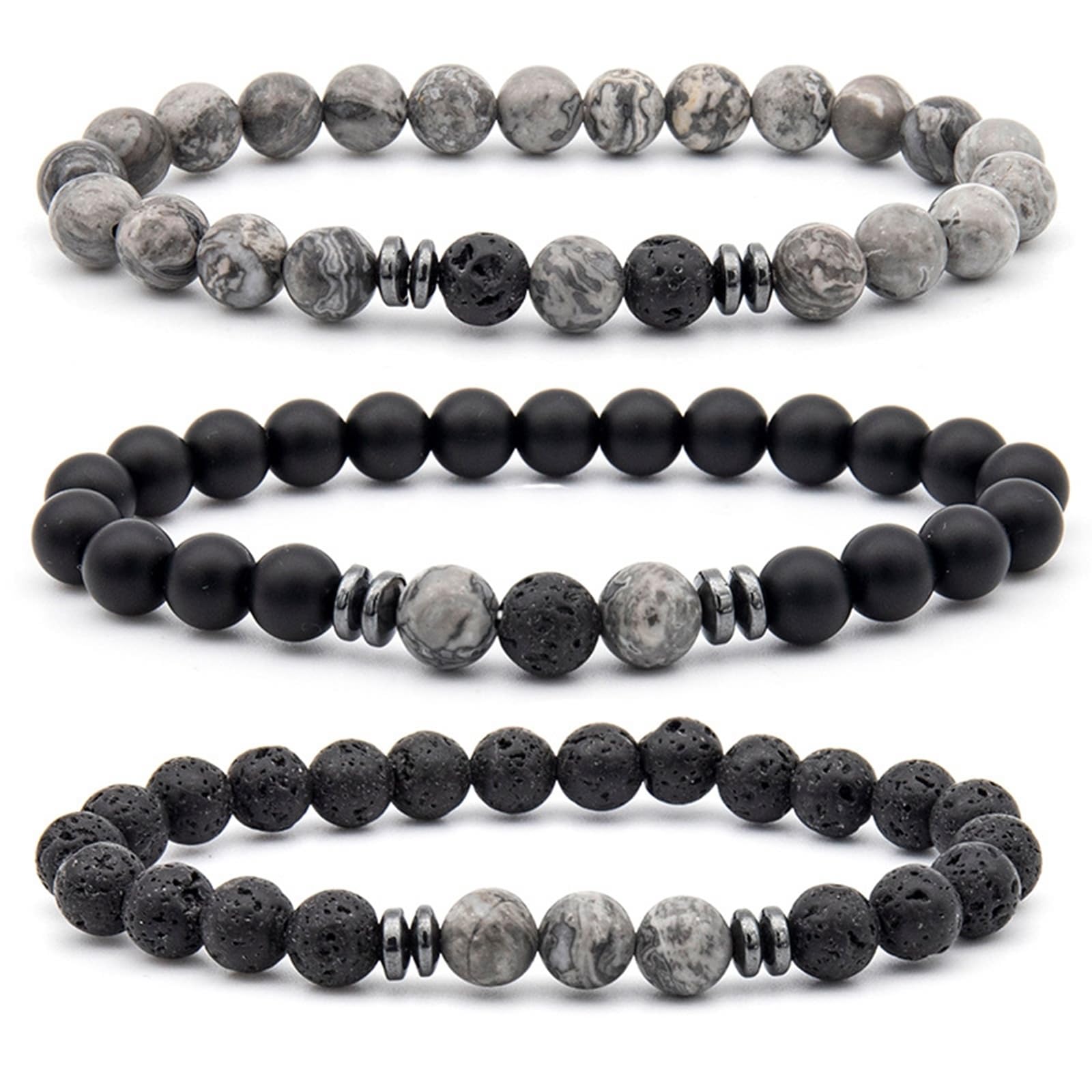 YCQYM Zestaw bransoletki przyjaźni, naturalne lawowe koraliki skały Bransoletka 3pcs Czarna szara lawowa mapa 8 mm Kamień 3PCS Bransoletka Nature Kamień dla mężczyzn biżuteria, 8 mm, kryształ,