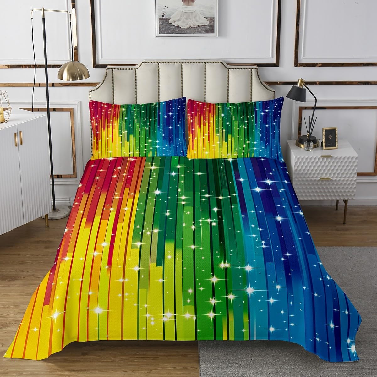 Erosebridal Rainbow Bedspread for Kids Girls Colorful Bedding Set Queen Size Teens Rainbow Stripe Theme Coverlet Set Geometric Quilted Coverlet Decor Bedspread Room Decorative