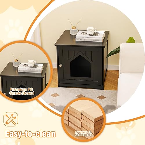 Vista 8 de Tangkula Caja de arena para gatos, muebles ocultos, mesita de noche para mascotas con puerta magnética, baño interior para gatos (negro)