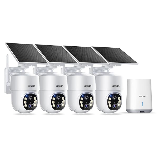 SOLIOM- 5MP Security Cameras Wireless Outdoor, No Subscription,4-Cam Pack, Solar Powered Home Security Camera with 360° Auto Tracking, Pan & Tilt, 3K Color Night Vision,5G & 2.4G Router Compatible