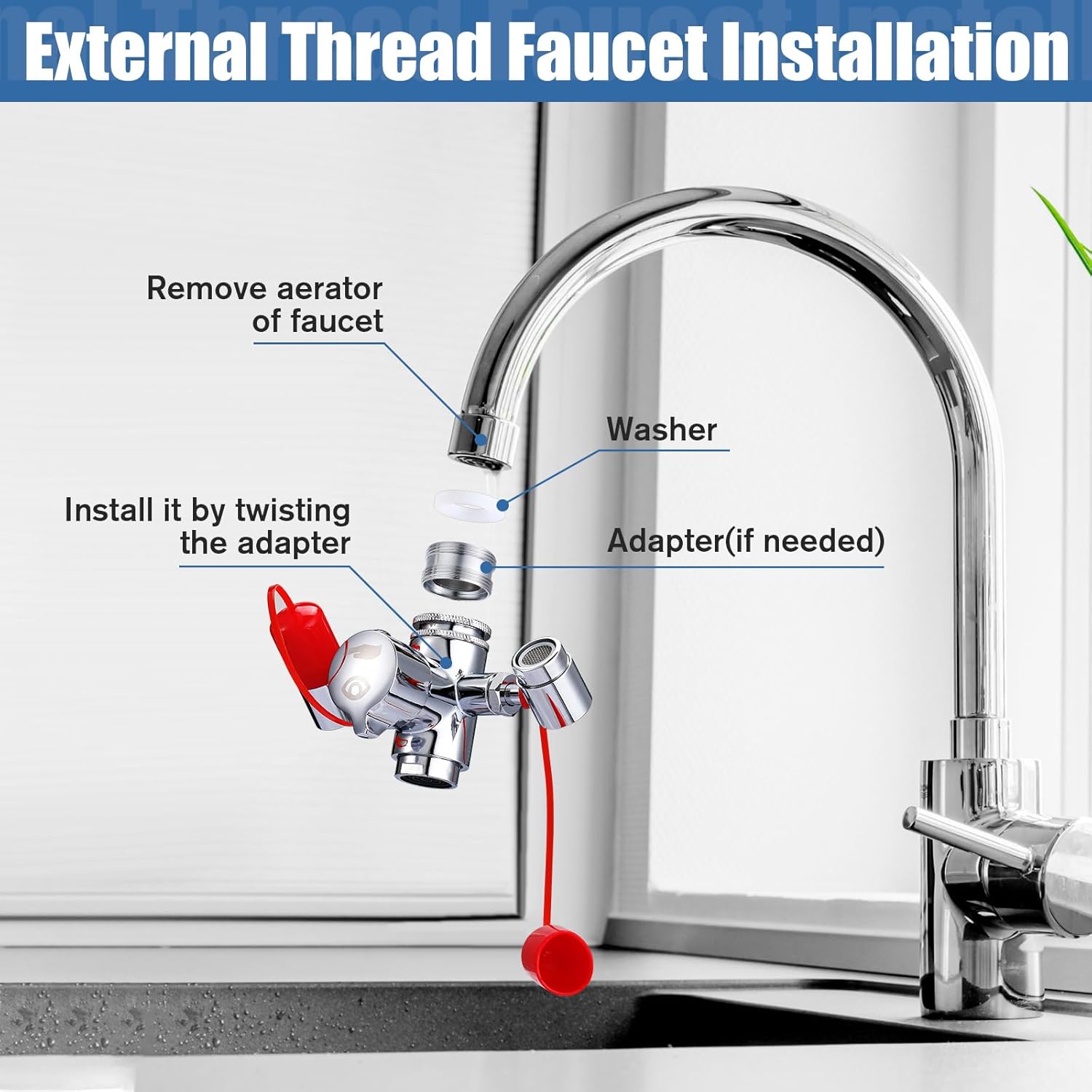 TrelaCo Eye Wash Kit, Faucet Mounted Emergency Eye Wash Station with Cover Sink Attachment, 1 Continuous Flow Eyewash Station, 3 Adapters, 1 Inspection Tag, 1 Sign for Lab, Factory, Industry and Home