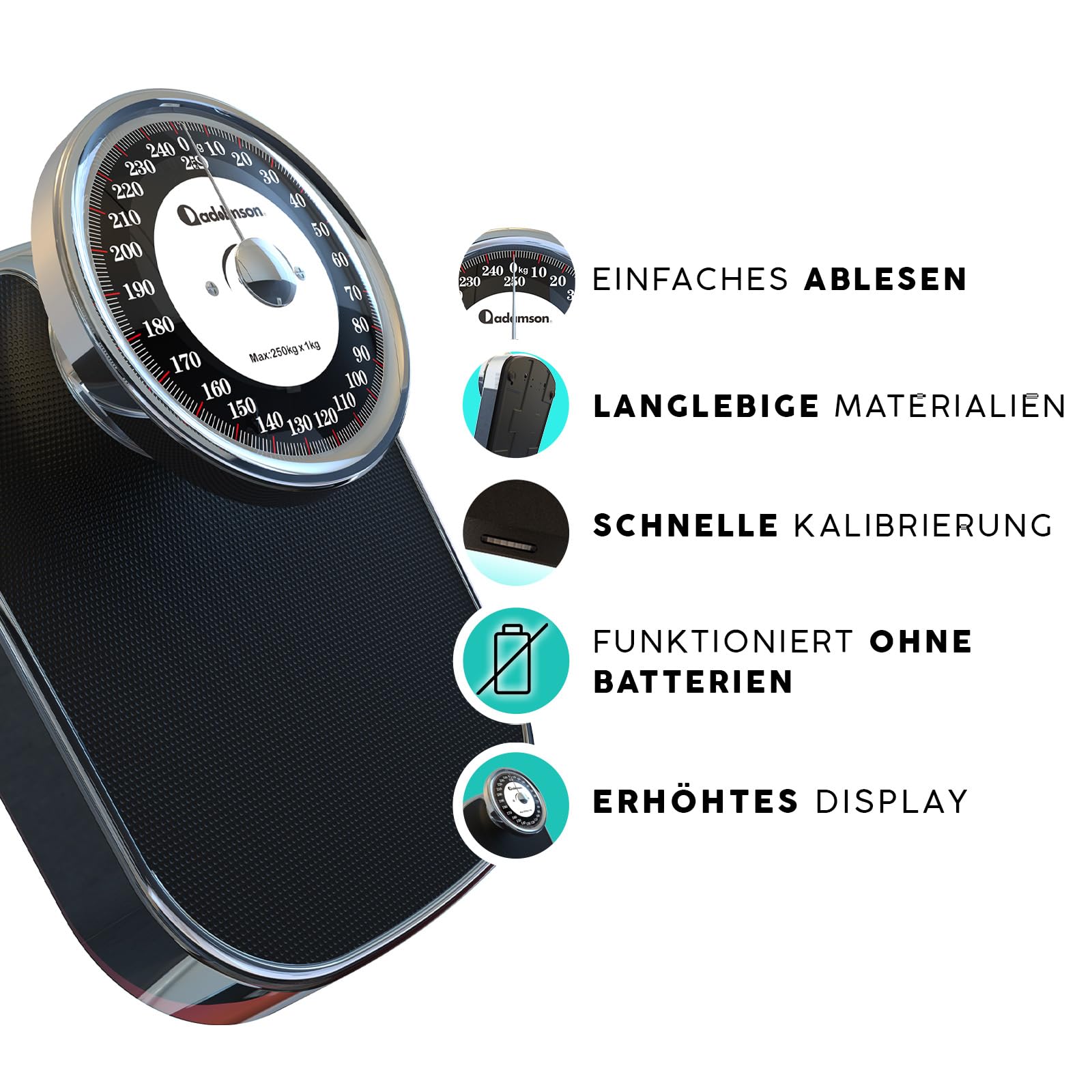Adamson A28 Analogwaage, bis 250 kg, rutschfeste Gummioberfläche, extra große Ziffern, hochpräzise Personenwaage Analog, langlebig, 20-Jahre Support für Haushalt, Schlafzimmer, Bad - NEU