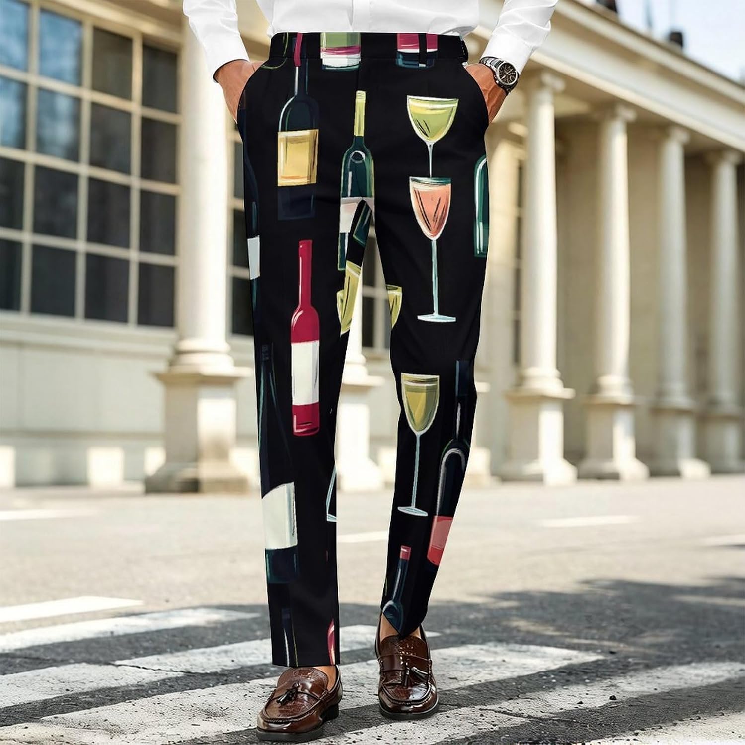 Wine Glass and Wine Bottle Men's Classic Fit Suit Pants Straight Leg Design Printed Trousers