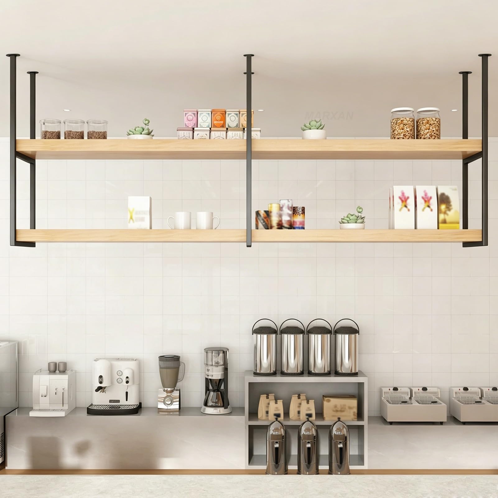 MARXAN Support de Rangement Suspendu en Bois Massif en métal pour Bar/Restaurant/Maison – étagère de Plafond pour Verres à vin, Bouteilles et Plantes