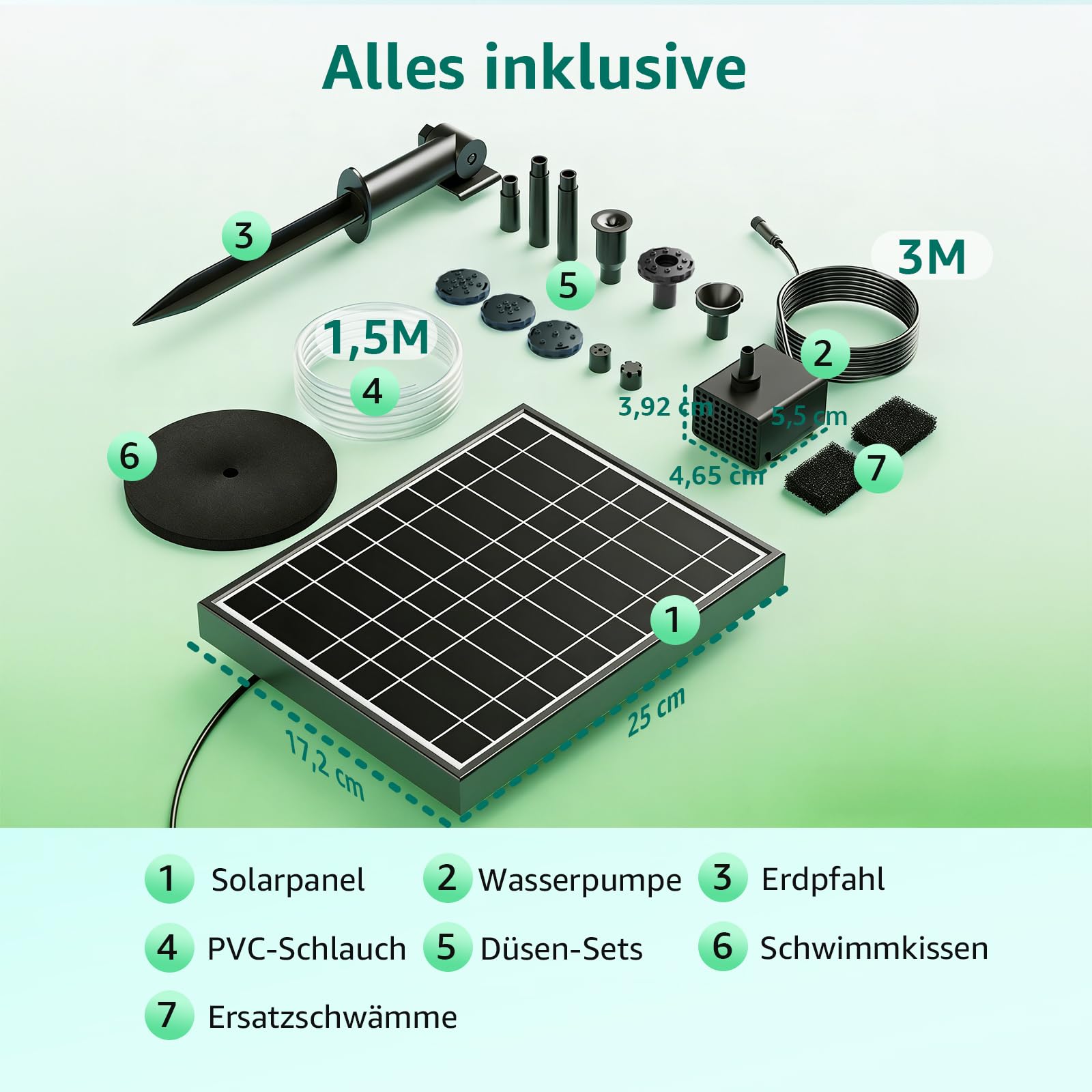 Solarbrunnenpumpe mit Akku 8.5W 3200mAh Doppelschichtdüsen 7 Sprühmodi 1.5m PVC-Schlauch Teichbrunnen