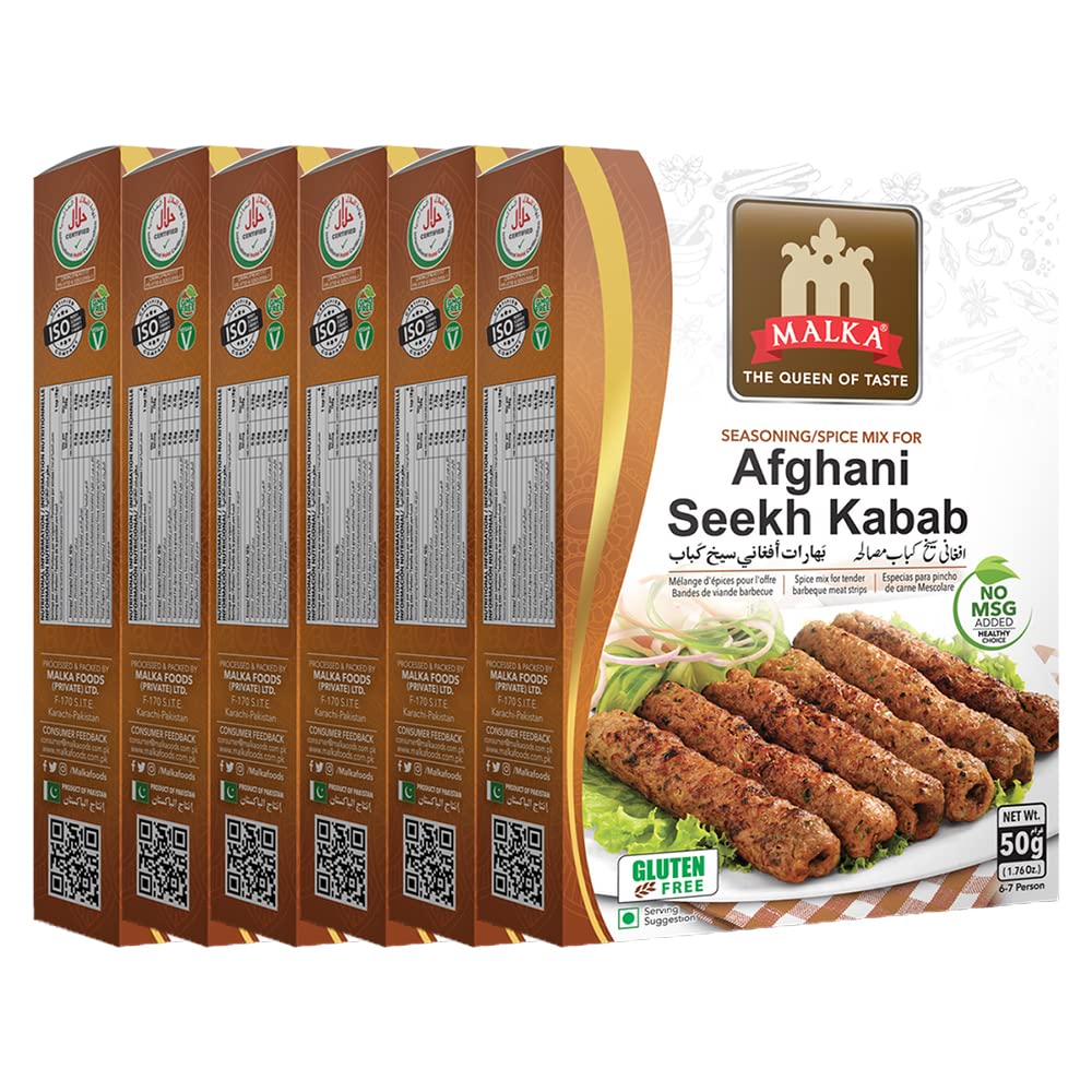 Malka Afghani Seekh Kabab Recipe Mix 50g (1.76 oz) - Authentic Gourmet Spice Powder for Tender Meat BBQ Strips - No MSG Added, Vegan, Non-GMO, Gluten Free & Halal - Pack of 6