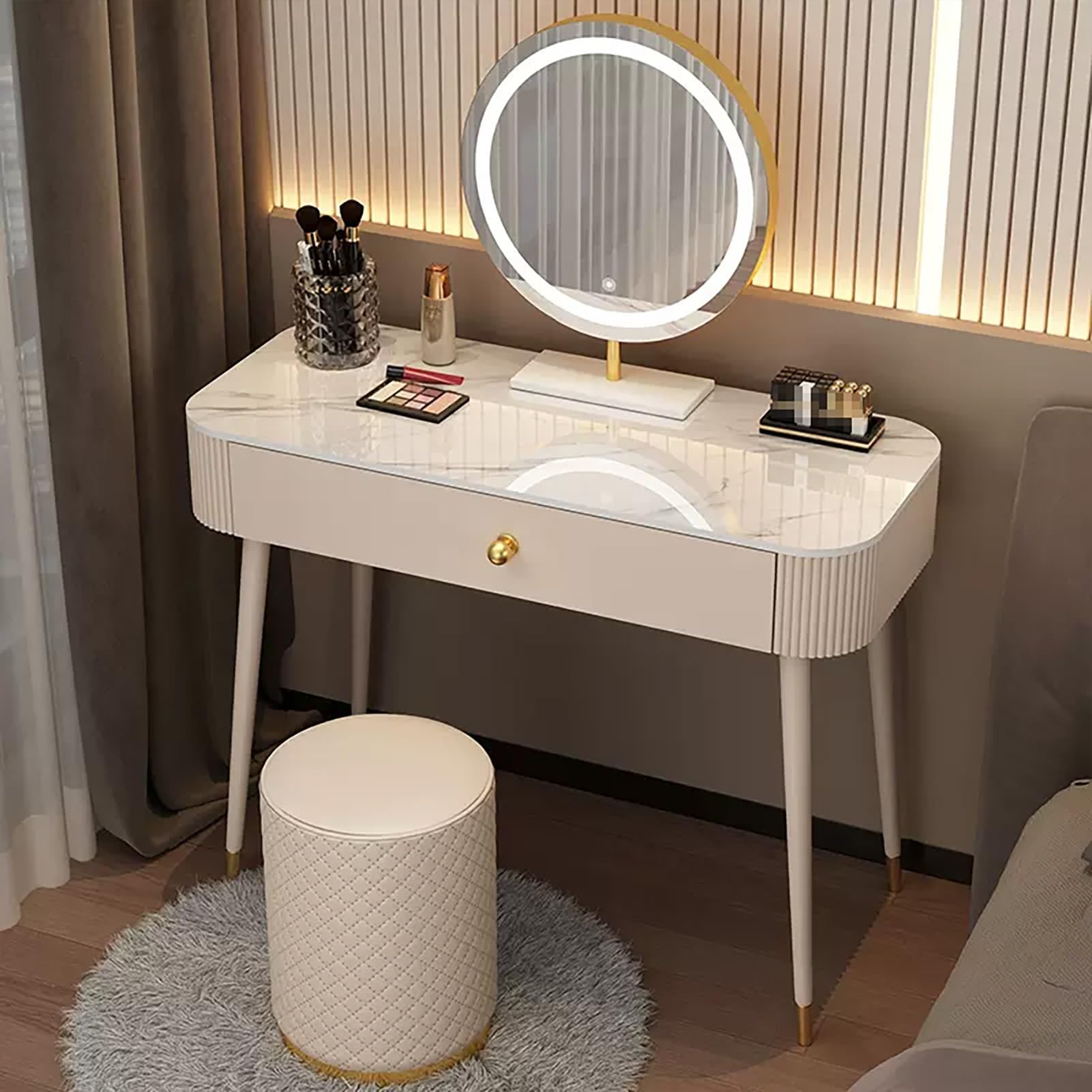 asdchZen Slate Makeup Vanity Set With Round Mirror & Stool, White Dressing Table For Women, Stylish Bedroom Makeup Desk With Metal Legs,70cm/27.5in