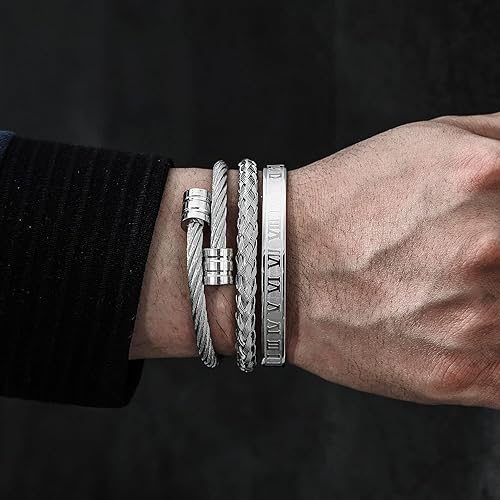Miniatura 2 de WFYOU 3 pulseras de acero inoxidable para hombres, pulseras de oro con números romanos, pulseras trenzadas, pulseras ajustables para hombre, joyería