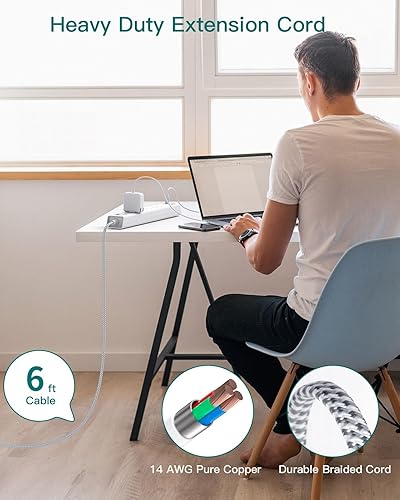Miniatura 7 de Regleta protectora contra sobretensiones de 6 pies, cable de extensión plano con 6 salidas de CA, 4 USB (2 USB C), extensor de toma de corriente con