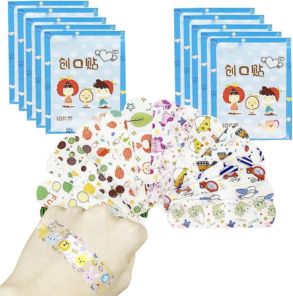 Ohsail 100PCS Transparent Cartoon Bandages 10 Different Patterns Fabric Adhesive Bandages Breathable First Aid Emergency Kit for Kids Blue Cartoon Package