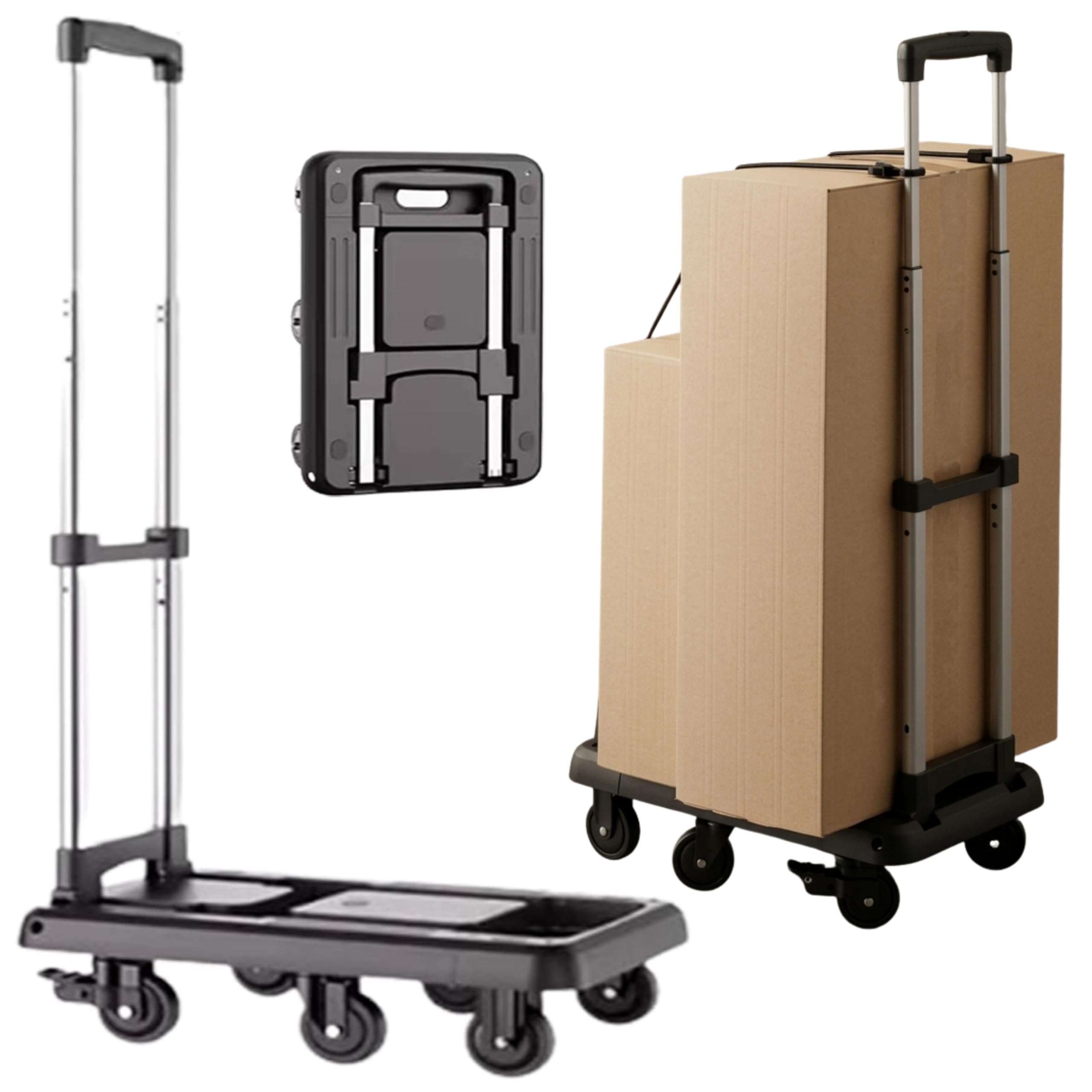 Carretilla Plegable hasta 100kg con 6 Ruedas de Goma con Freno, Carro de Transporte Plegable Extensible 60x30 cm, Mango Telescópico Ajustable, Plataforma Compacta para Mudanzas, Compras o Trabajo