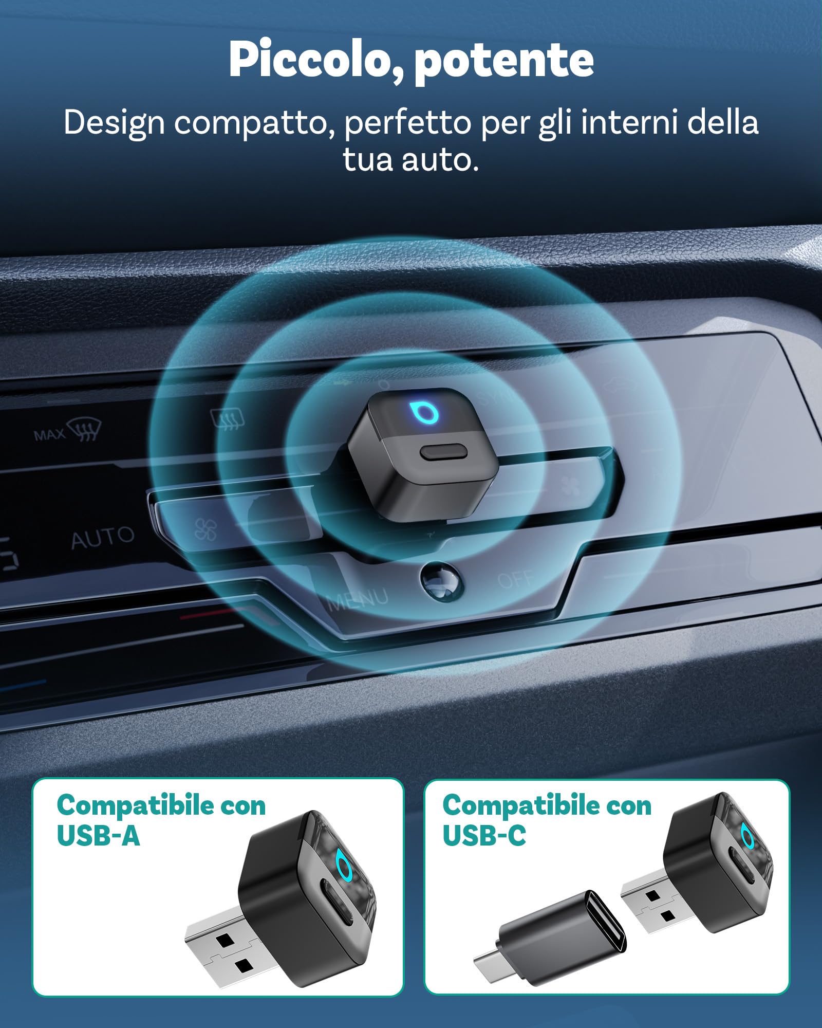 OTTOCAST Mini Pico Adattatore Wireless CarPlay e Android Auto, Trasforma CarPlay cablato in wireless, Passaggio con un tocco tra 2 telefoni, Riconnessione automatica rapida, WiFi 6, Bluetooth 5.4