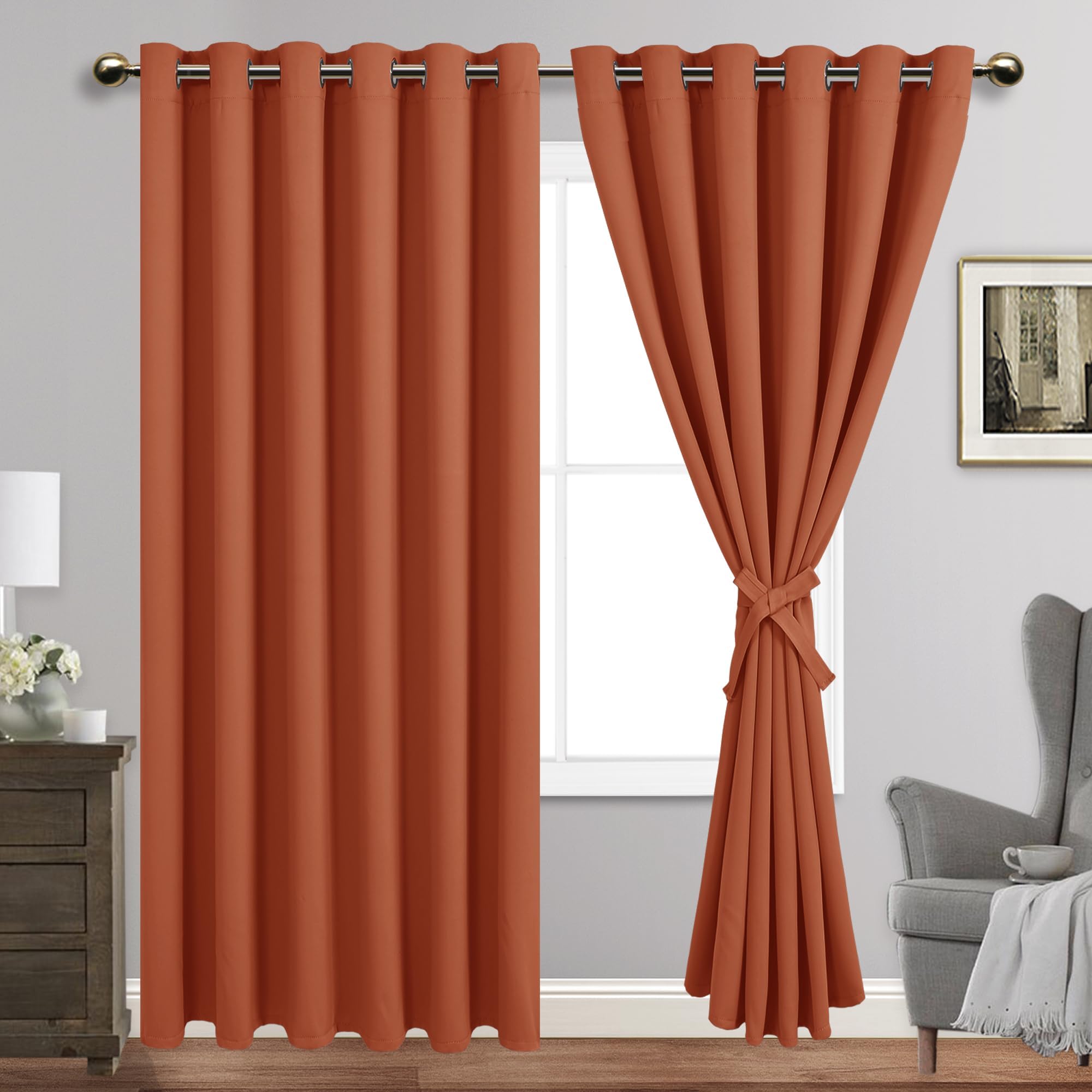 JIUZHEN Caramel Blackout Curtains with Tiebacks Thermal Insulated, Light Blocking and Noise Reducing Grommet Curtains for Bedroom and Living Room, Set of 2 Window Curtain Panels, 70 x 84 Inch Length