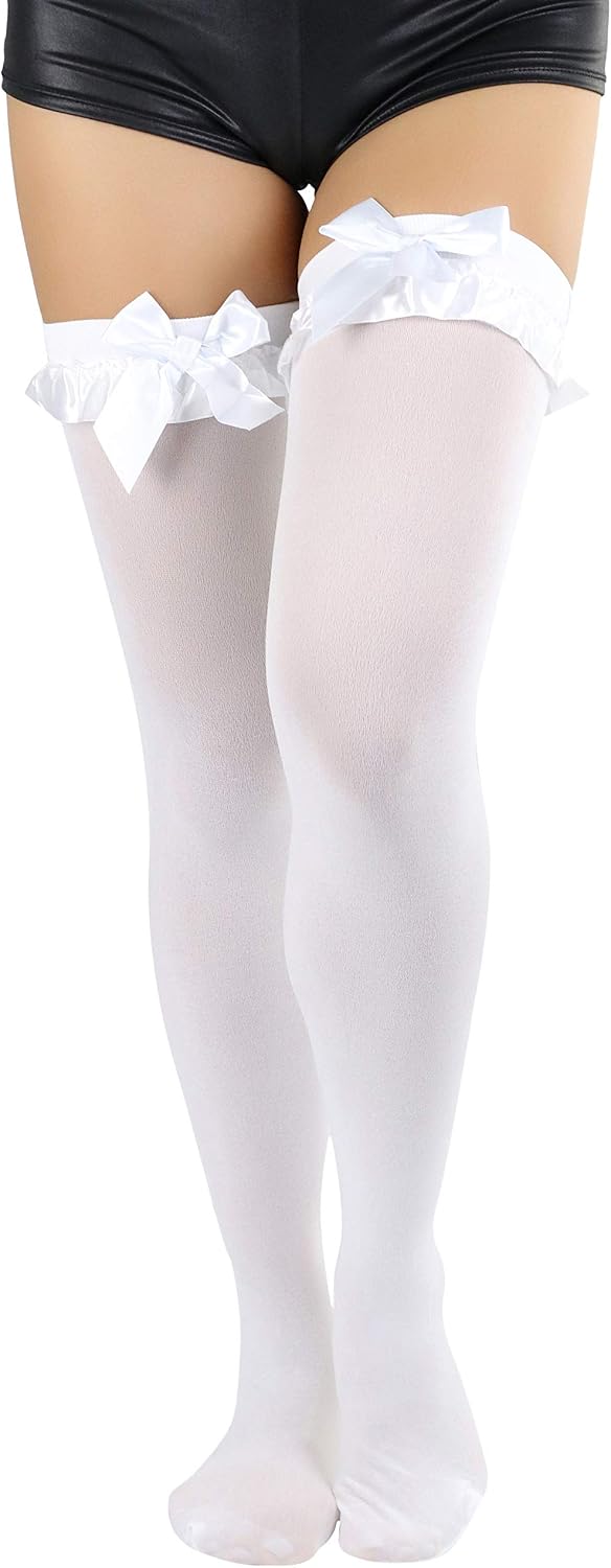 ToBeInStyle Women’s Sexy Lace Ruffle Top w/Opaque Bow Fishnet Thigh Highs