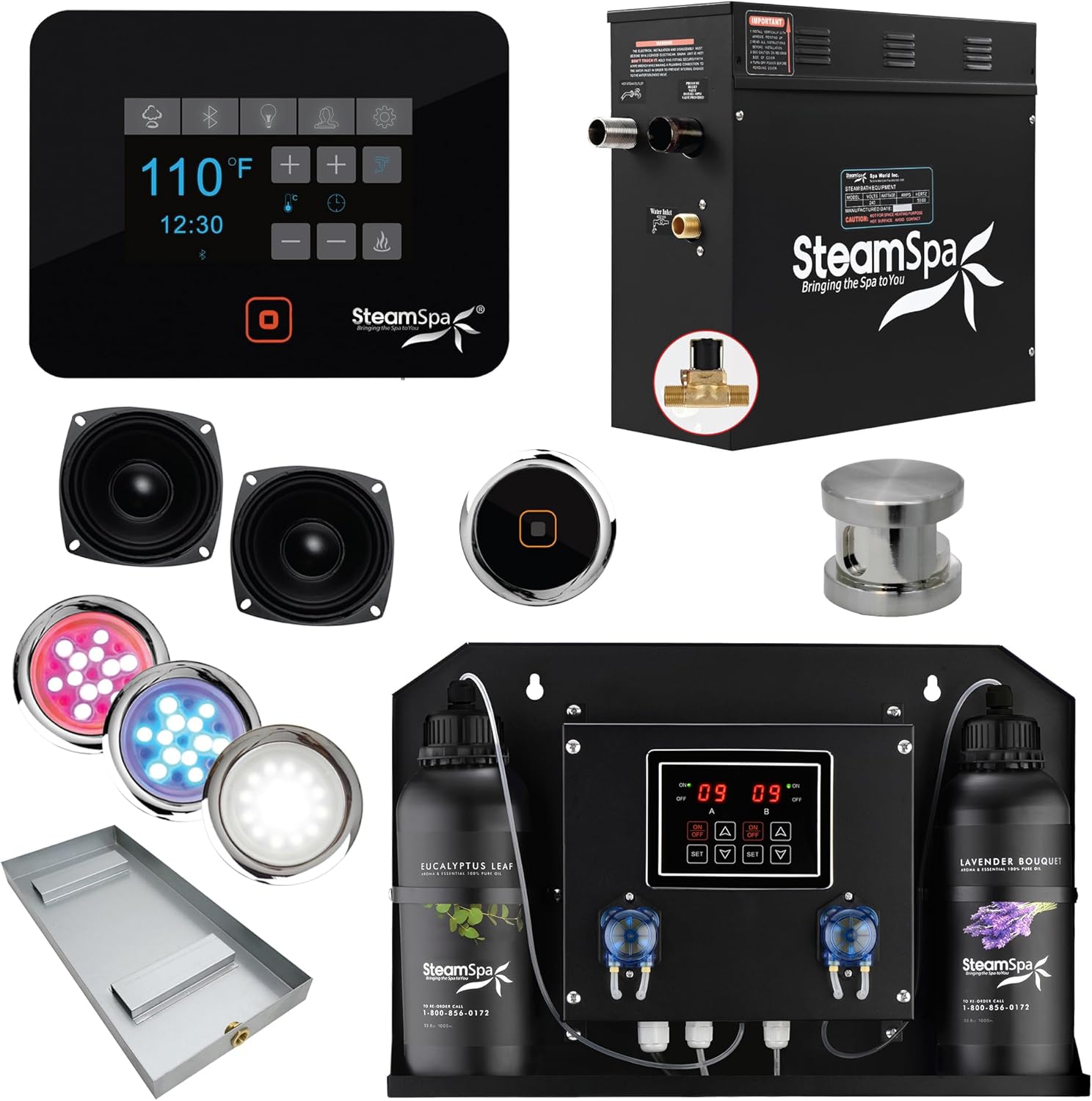 SteamSpa Steam Shower Generator Kit | Brushed Nickel + Auto Drain Combo| Dual Bottle Aroma Oil Pump | Steam Sauna Spa Stall Package|Touch Screen Wifi App/BT Control Panel |9 kW Raven | RVB900BN-ADP