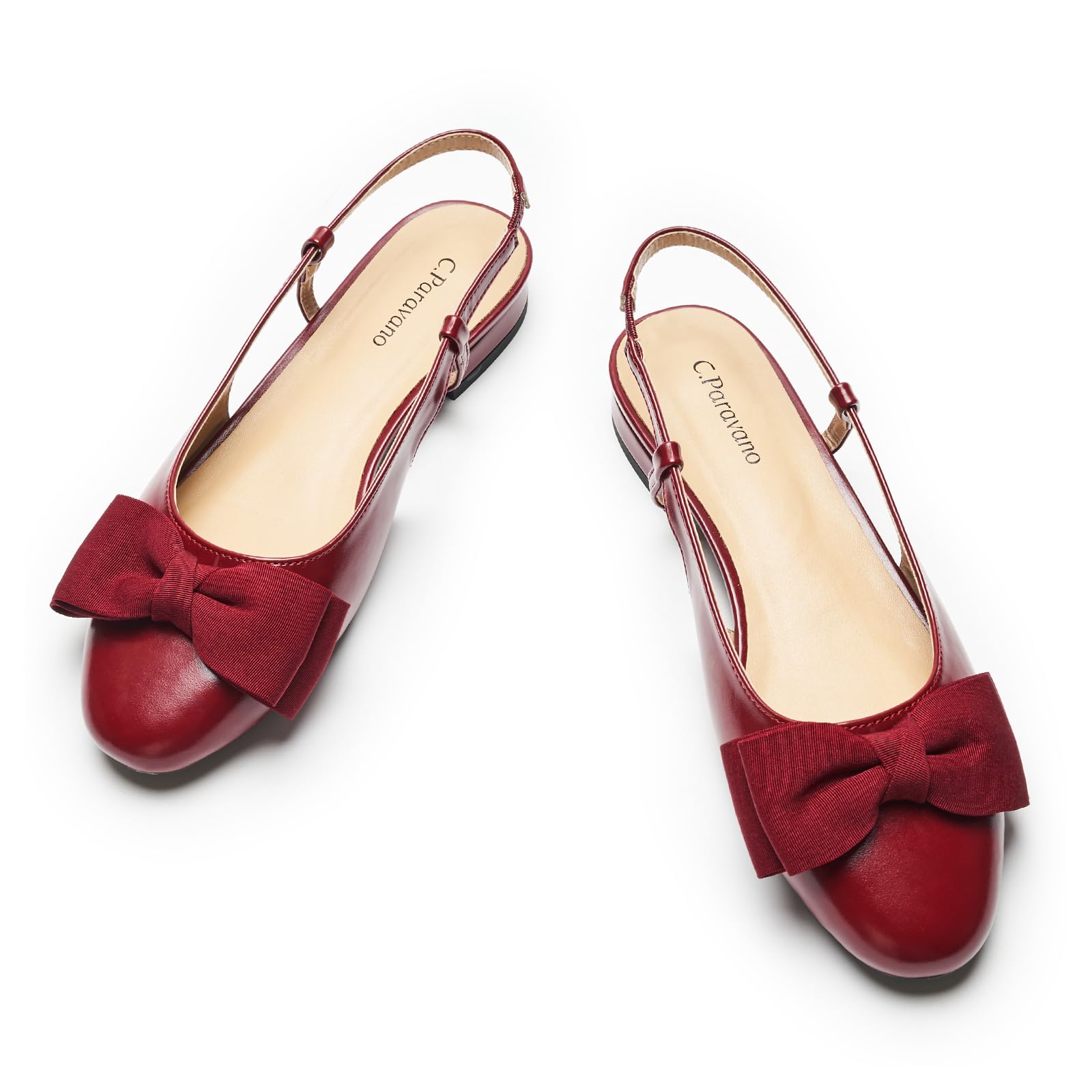 C.Paravano Women's Slingback Flats with Bowknot Flats Sandals Slip on Casual Flats Shoes Detachable Ankle Strap Almond Toe