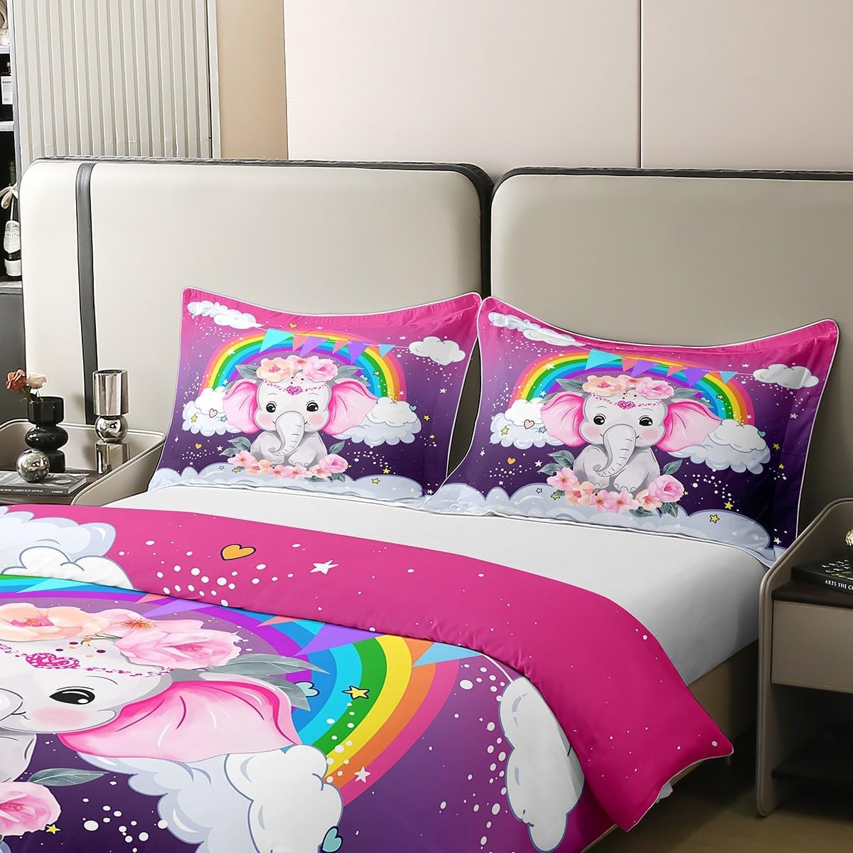 Erosebridal Kawaii Elephant 100% Cotton Duvet Cover,Kids Bedding Set King Size,Rainbow Striped Comforter Cover for Girls Boys,Watercolor Pastel Glitter Stars Bed Sets with 2 Pillowcases