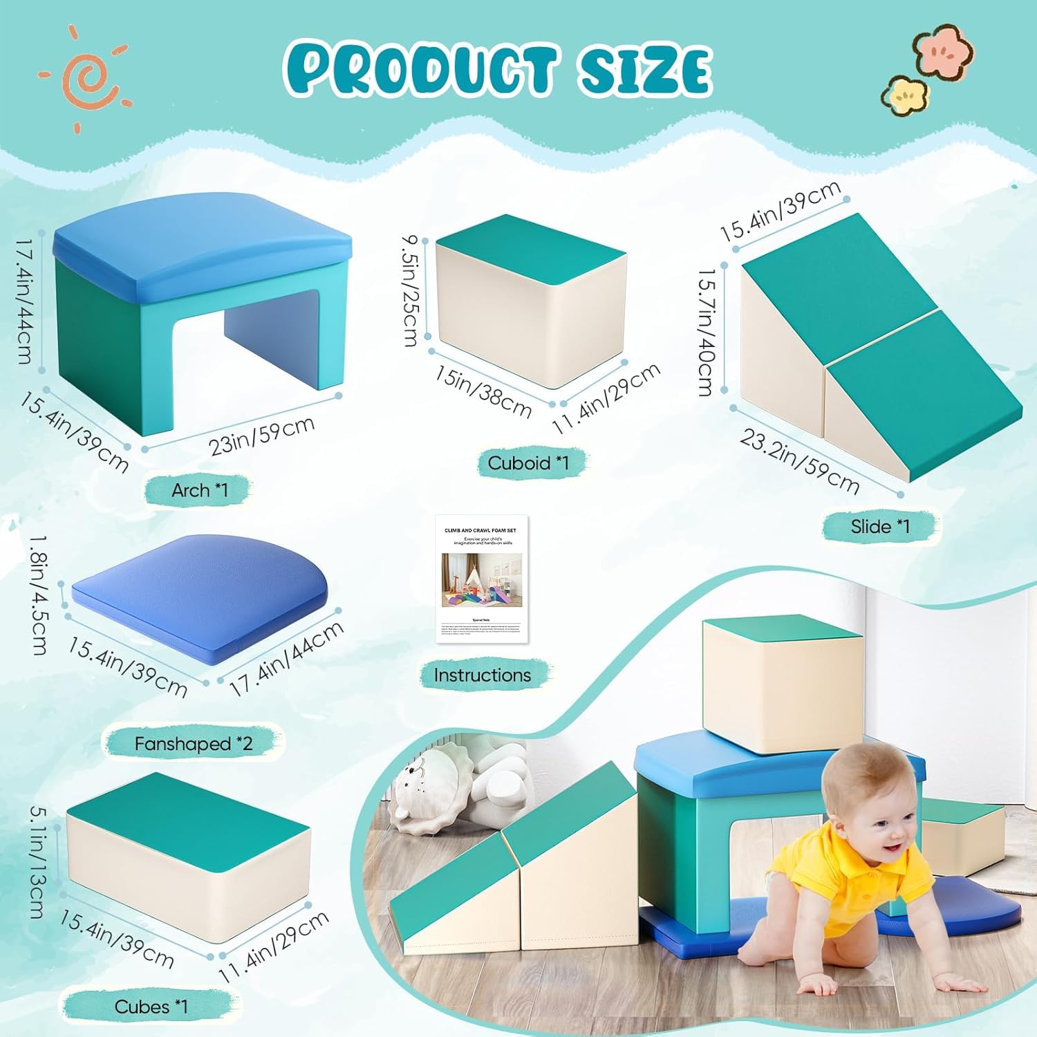 Blocs de construction en mousse pour enfants, 5 pièces souples pour grimper, ramper et jouer en toute sécurité et confortable, blocs de jeu d'intérieur antidérapants et stables (bleu clair)