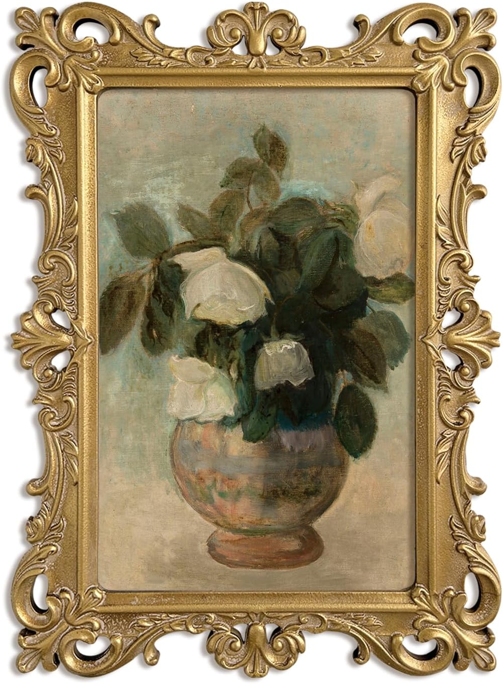 MIDEFINCH Vintage Floral Wall Art, 3D Embossed Baroque Gold Frame with White Rose Vase Print, Classic Botanical Decor for Living Room, Bedroom, Entryway, 10.6" × 13.8"