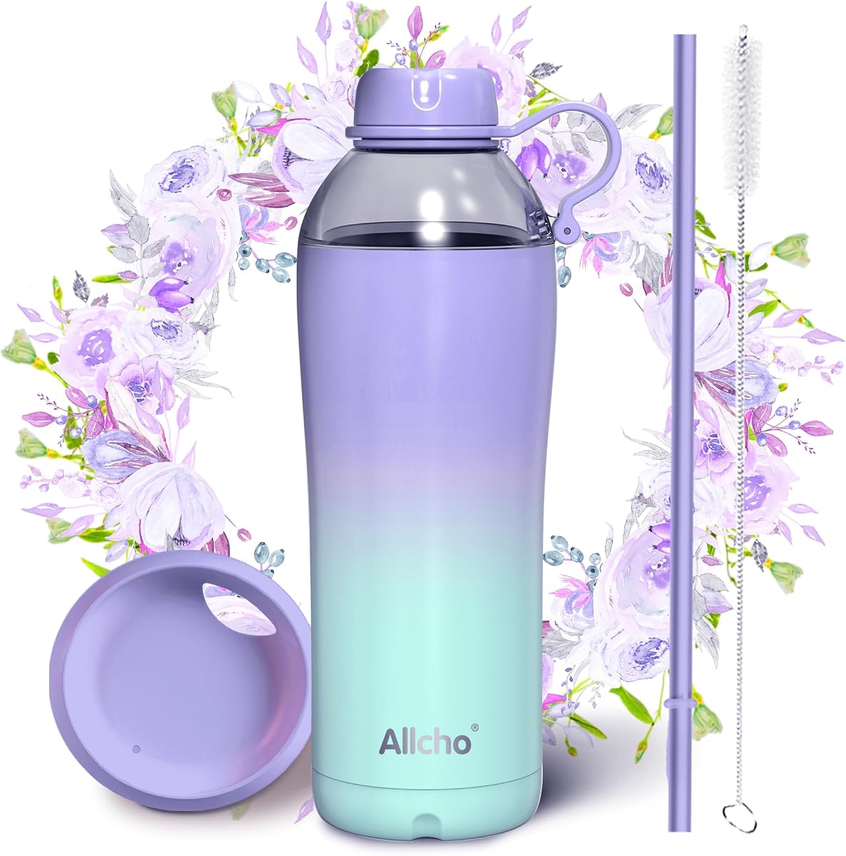 Botella de agua aislada Allcho para mujer, vaso de acero inoxidable a prueba de fugas de 18 oz con 2 tapas, tapa Tritan y pajita sin BPA, frasco de vacío de doble pared