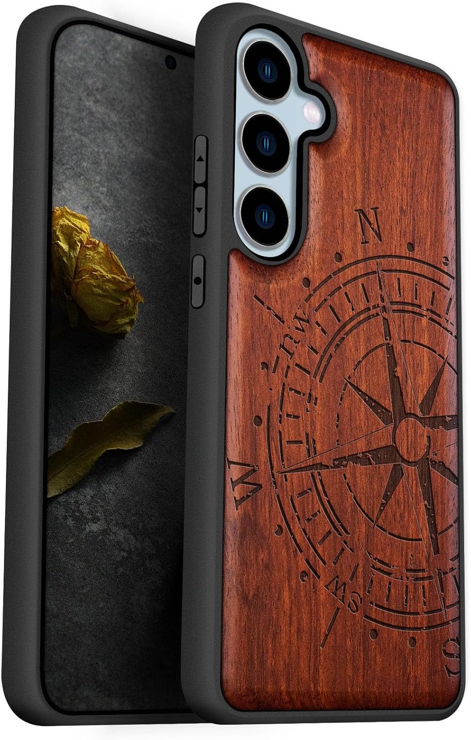 Carveit Wood Case for Galaxy S24 FE Case [Natural Wood & Black Soft TPU] Shockproof Protective Cover Unique Wooden Design Compatible with S24 FE (The Incomplete Compass-Rosy)