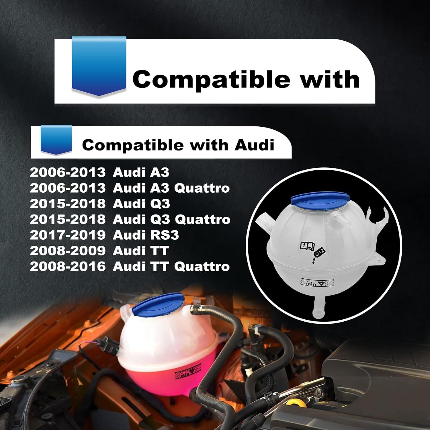 Coolant Reservoir Pressurized bottle with Cap Compatible with Audi A3 Q3 RS3 TT2006-2019/ VW Jetta Passat Golf GTI Beetle CC Eos Rabbit 2006-2019 Models Replace 1K0121407A 603-253