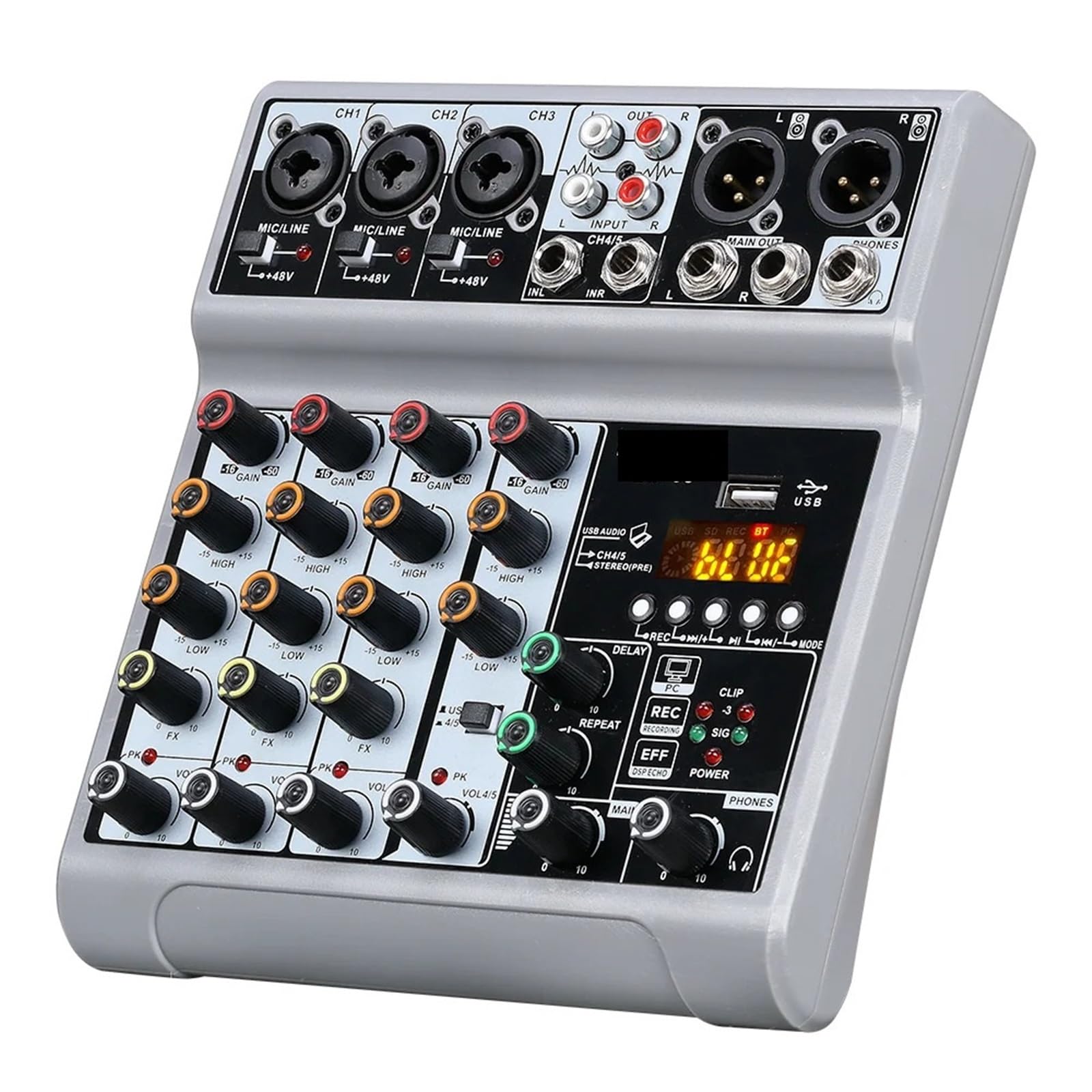 Professional 5 Channel Digital Mixer Board Mixing Console Interface with USB BT Echo Delay Effect 48V for Recording DJ