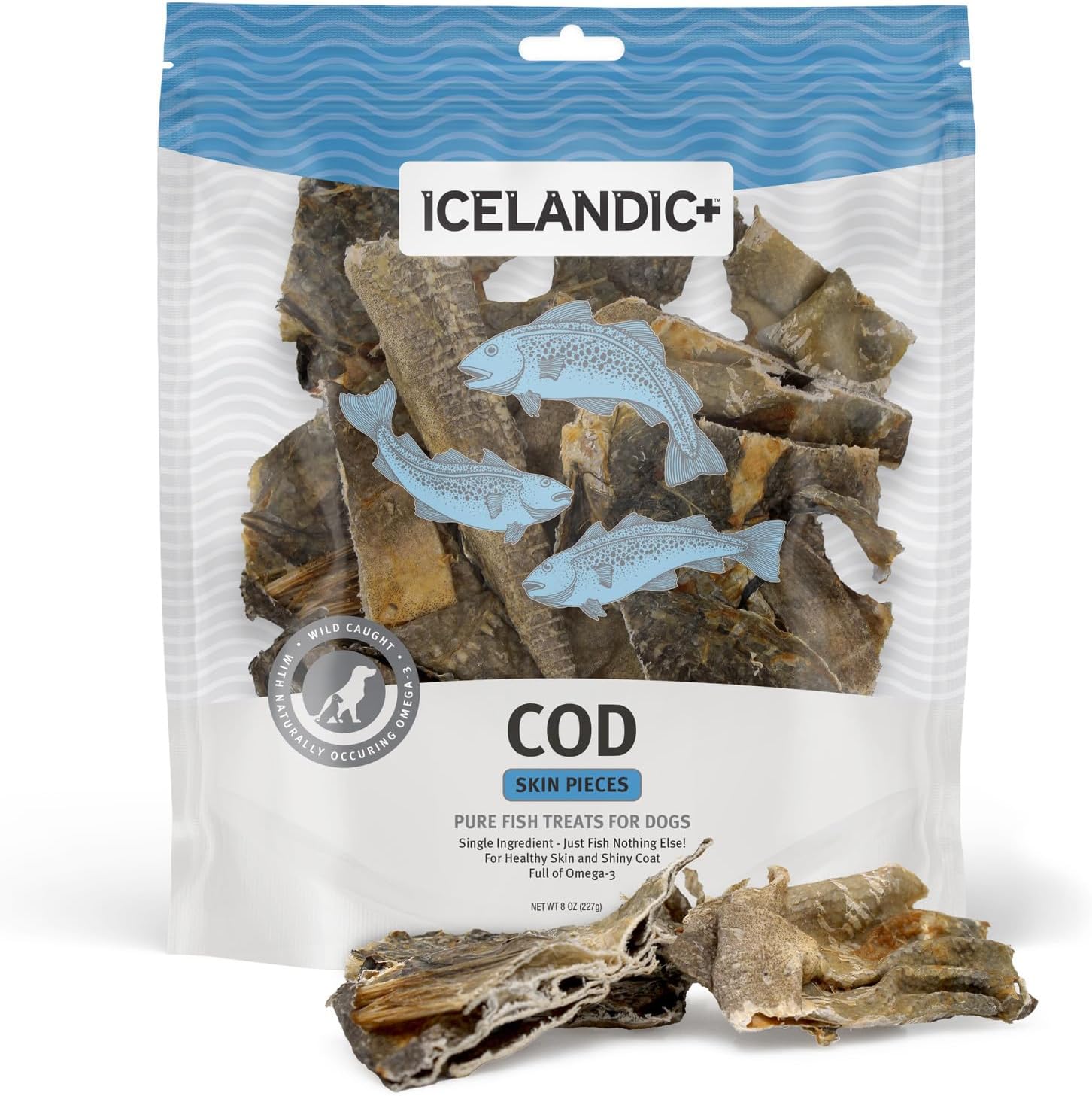Icelandic+ Cod Skin Pieces - 8oz Bag - Pure Fish Dog Treats, Wild- Caught & Air-Dried, Single Ingredient Snacks, Pet Chews, Just The Fish Nothing Else