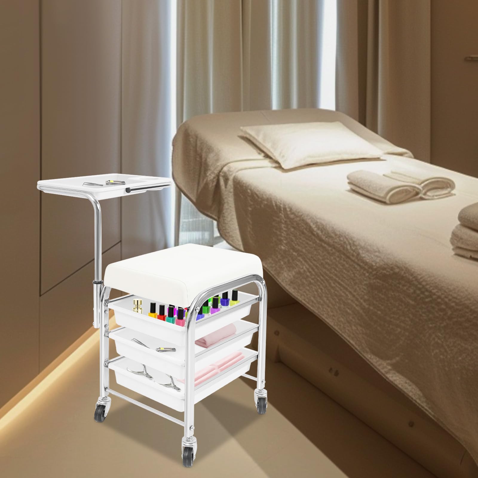 Carrello da parrucchiere, carrello da salone, a 3 livelli con 4 ruote, regolabile in altezza 53-77 cm, per manicure per la cura della bellezza (bianco)