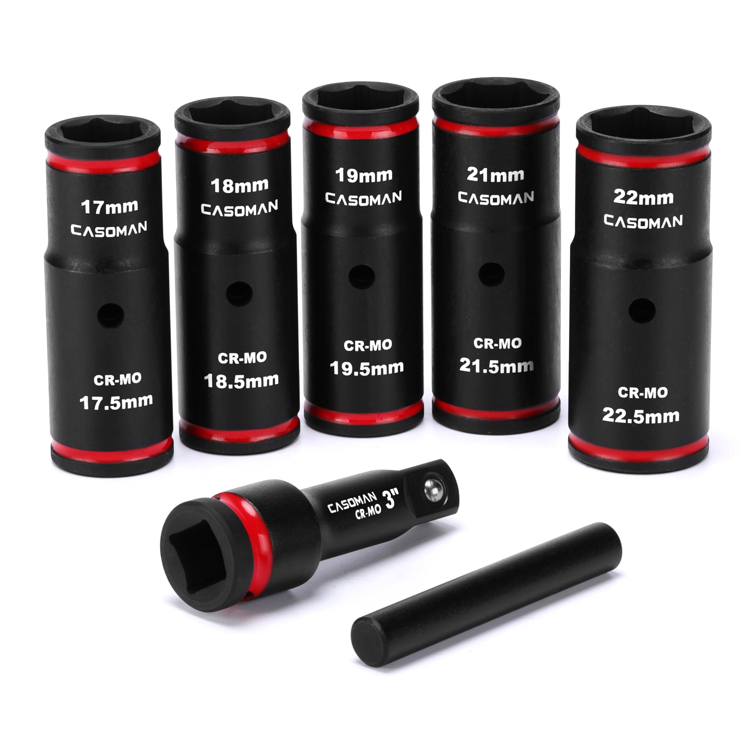 CASOMAN 7PCS Lug Nut Socket Set, 1/2”Dr. Impact Thin Wall Flip Socket Set, Half Size, Metric, 6-Point, CR-MO, 17mm x 17.5mm, 18mm x 18.5mm, 19mm x 19.5mm, 21mm x 21.5mm, 22mm x 22.5mm