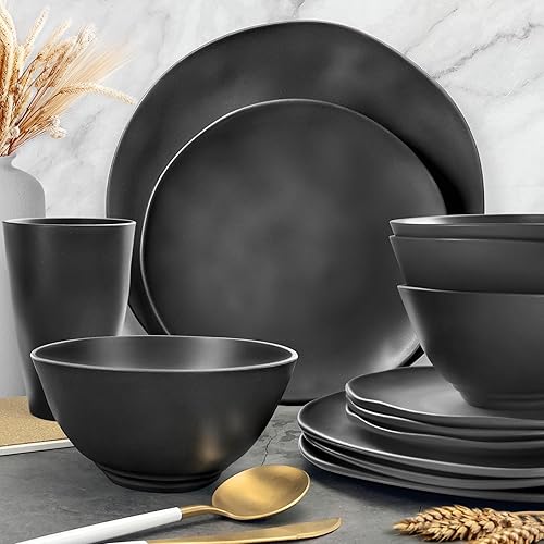 Peurif Juego de vajilla de paja de trigo de plástico irregular de 24 piezas, platos y cuencos de cocina duraderos para 8, platos llanos, platos de