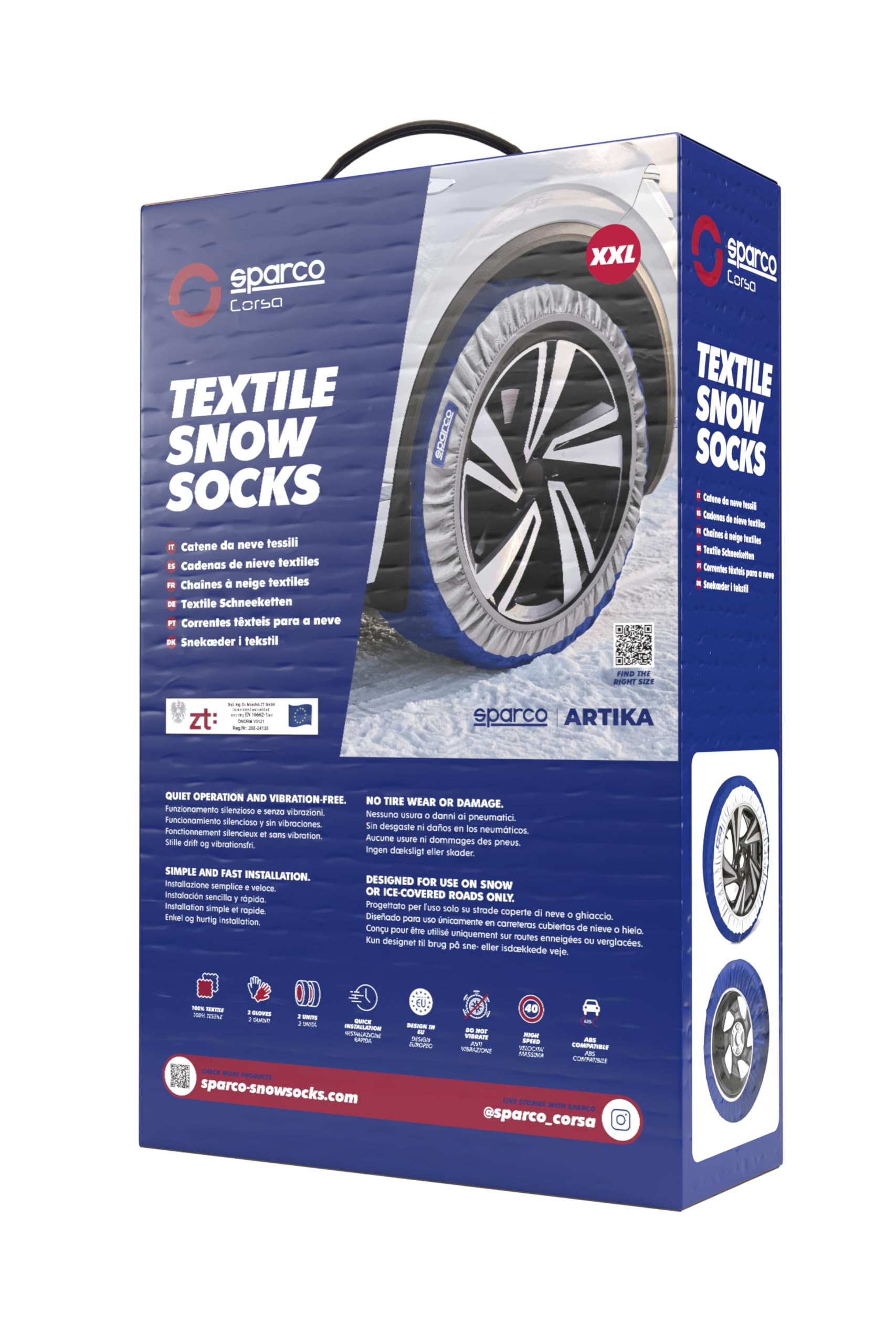 Sparco Chaînes à neige textiles modèle Artika taille XXL. Silencieuses et sans vibrations. Installation rapide et facile. Homologation EN-16662-1 et ÖNORM V5121. Compatibles avec ABS