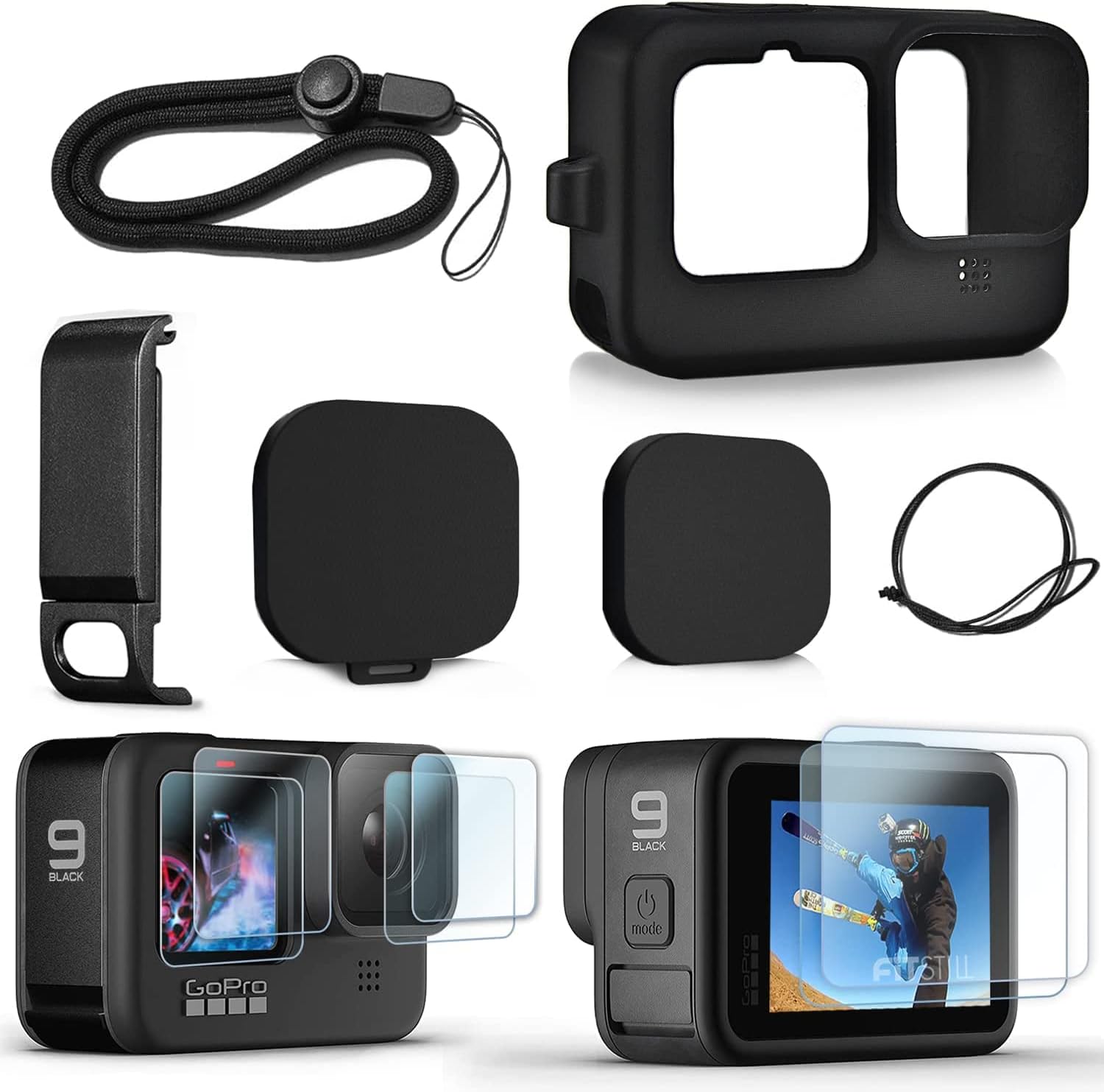 ADOFYS Mount Accessories Kit for GoPro Hero 12/11/10/9 Black, Includes Replacement Side Door+6PCS Tempered Glass Screen Lens Protector+Lens Cover Cap+Silicone Sleeve Case.