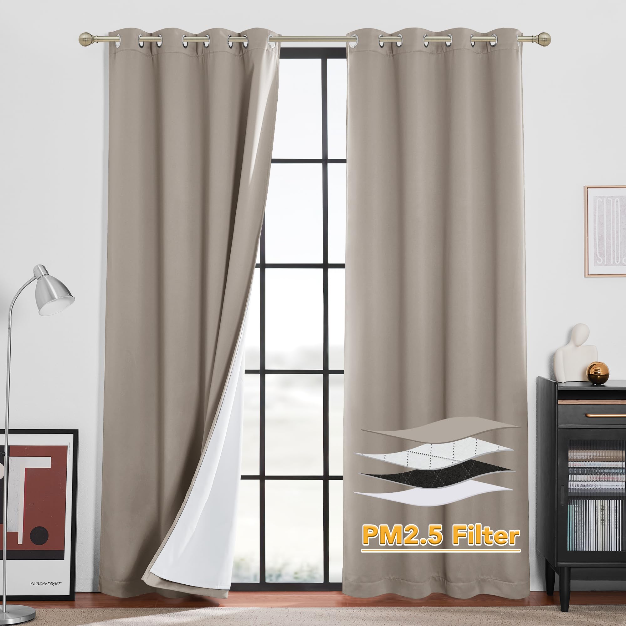 RYB HOME 4-in-1 Dust Filtering Soundproof Blackout Insulating Privacy Window Curtains for Nursery Bedroom Living Room Rivider Sound Absorption Sheet, Sand, W52 x L95 inch, 2 Panels