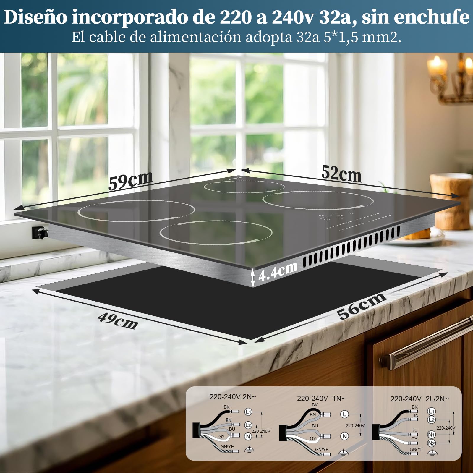 Placa Vitroceramica 4 Fuegos 60 cm Jessier, Control Deslizante, Placa Electrica Cocina 9 Niveles de Potencia, Temporizador, Bloqueo de Seguridad, 220V~240V, 6000W