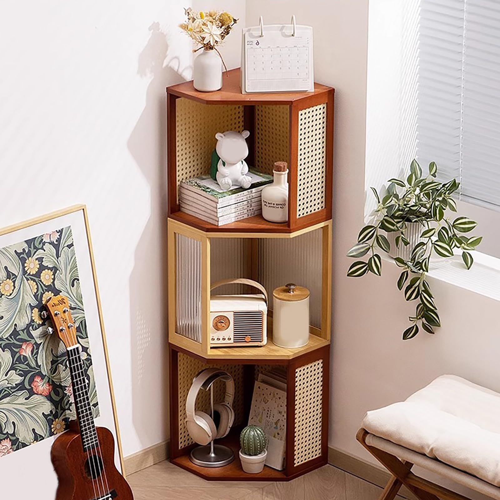 Libreria Geometrica Aperta Scaffale Angolare in Legno, Stile Industriale Vintage Organizer Design Impilabile Liberamente, per Riporre Libri Souvenir(Brown-B)
