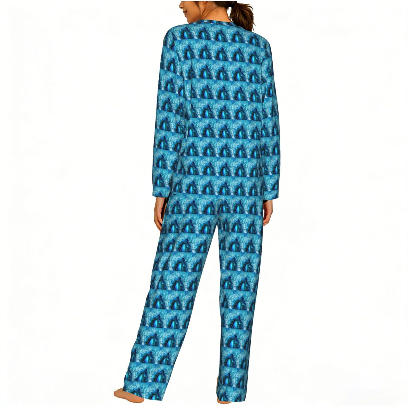 Bright Aqua Blue Stampa Donna Manica Lunga Pigiama Corrispondente Morbido Elastico Coulisse Casual Daywear