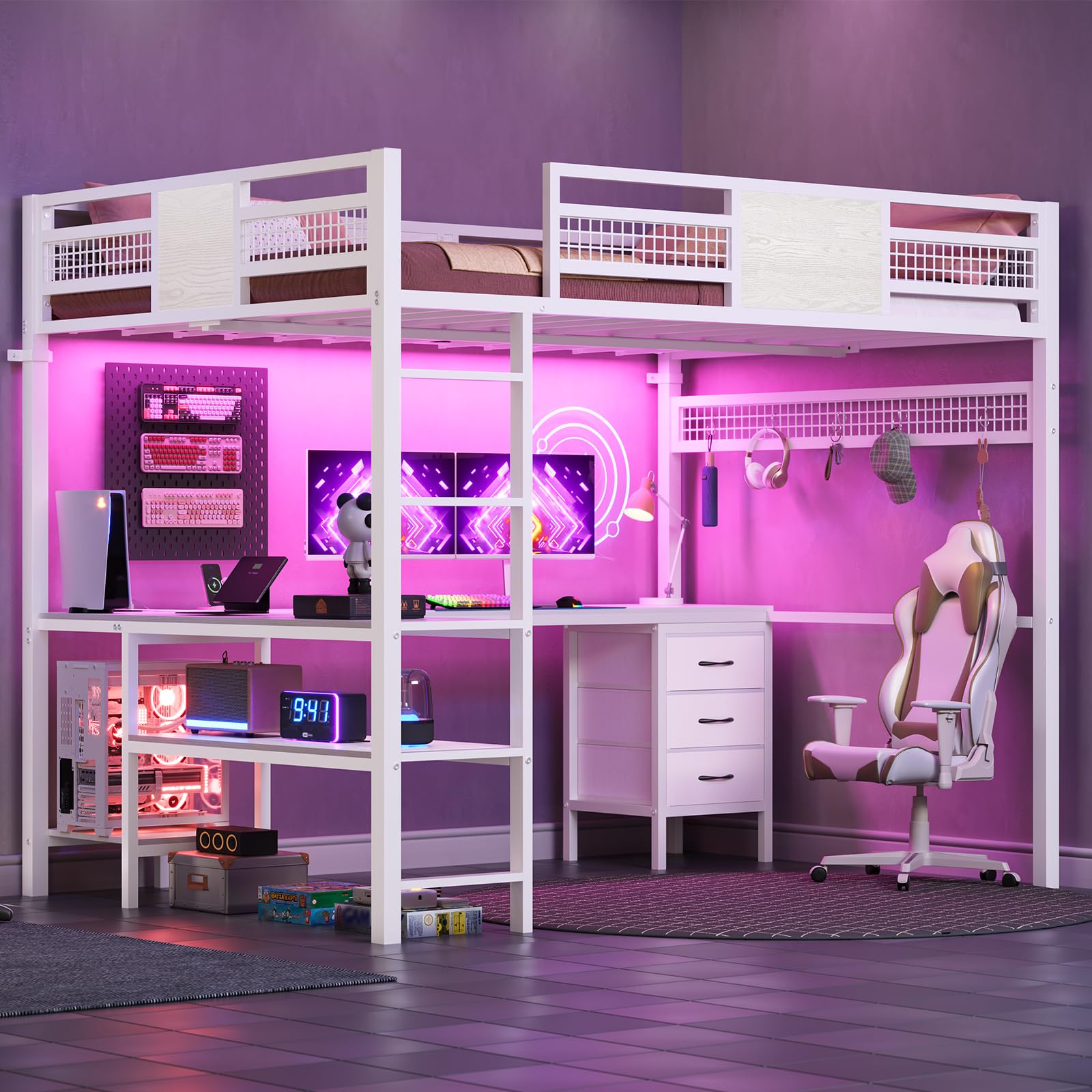 BTHFST Full Size Loft Bed with L-Shaped Desk and Storage in a room setting