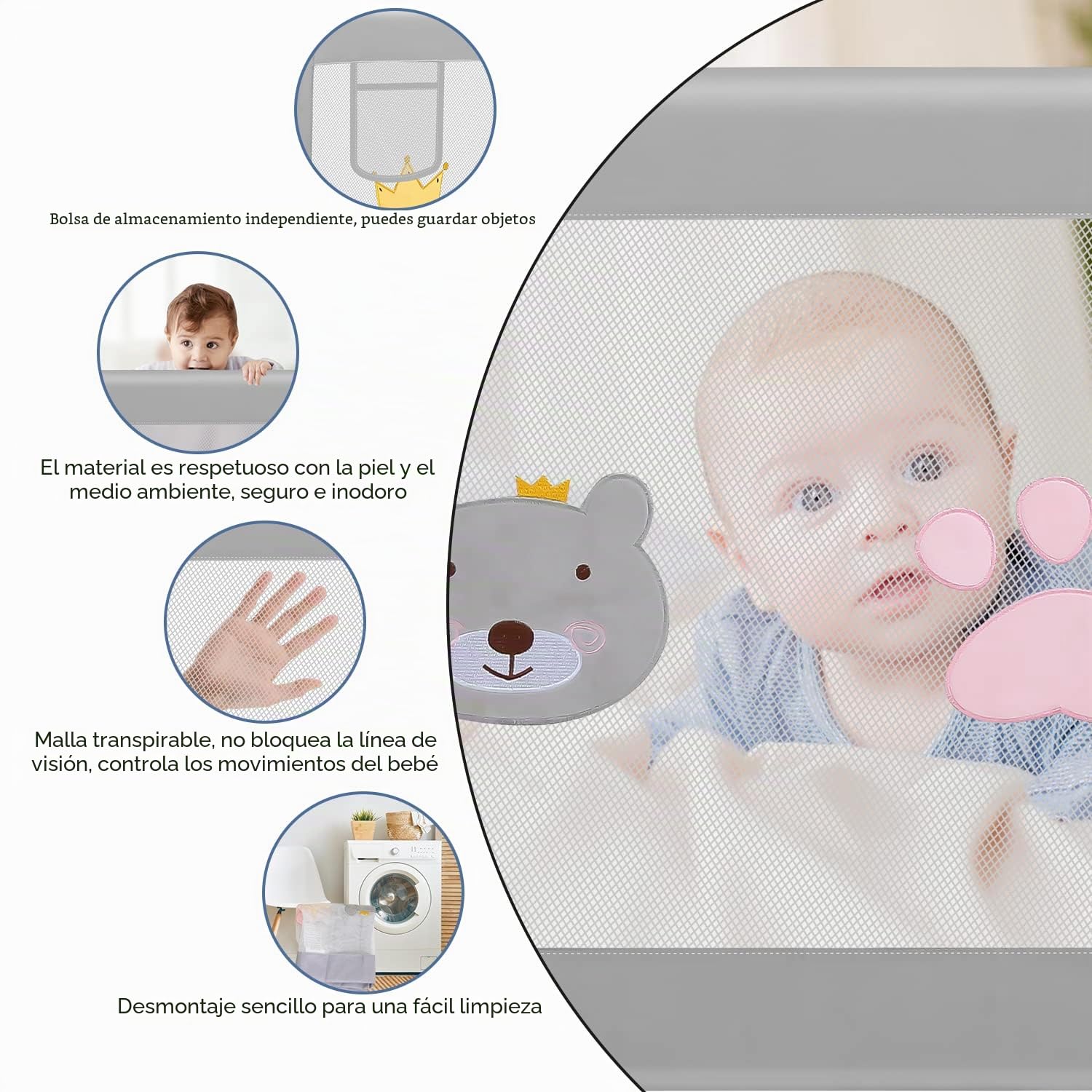 Ikodm Barrera de cama 2 x 200 cm y 1 x 180 cm, barrera de protección para la cama ajustable de 70 – 98 cm, protección contra caídas, barrera para cama infantil, barandilla para cuna de bebé, fácil de