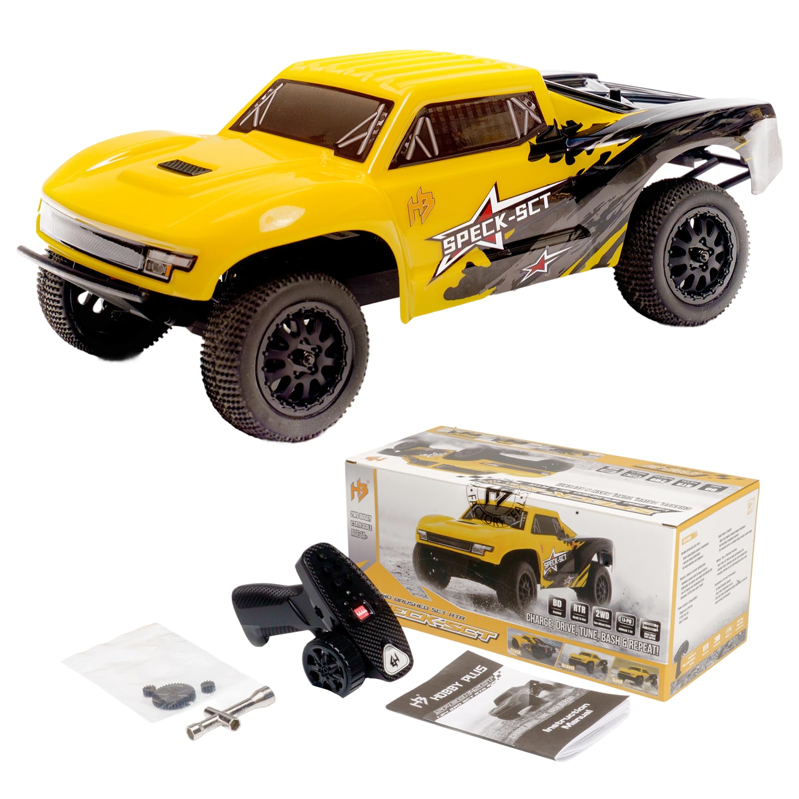 HOBBYPLUS Speck SCT 1/24 2WD RC Short Course Truck RTR, Brushed Motor, Oil-Filled Shocks, 2.4GHz Radio, Ready-to-Run Off Road RC Truck (Brushed Yellow)