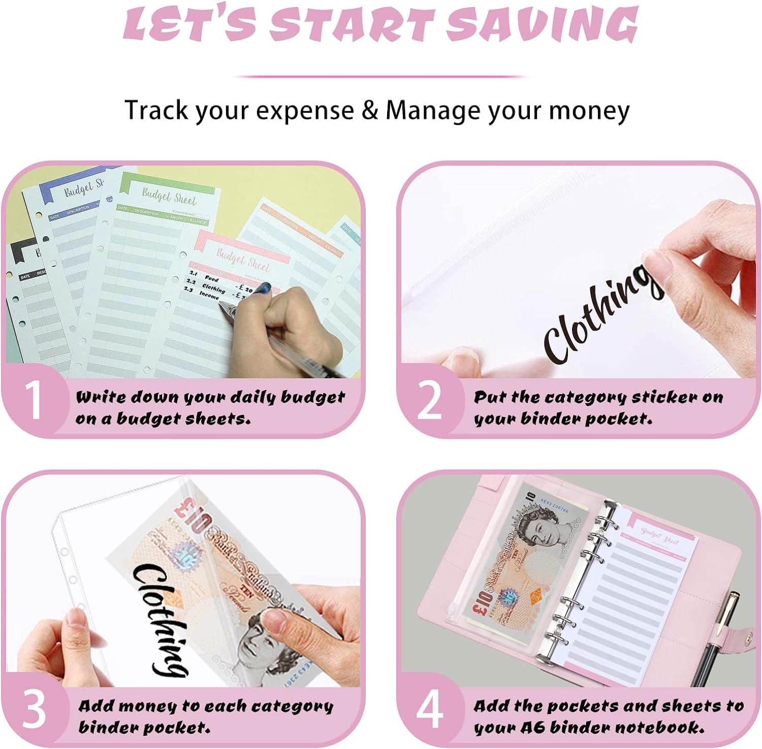 Liotiz Binder Notebook Organiser with Zipper Envelopes, Money Saving Binder with Magnetic Buckle Closure, Money Folder Wallet, PU Leather, A6 Size 2