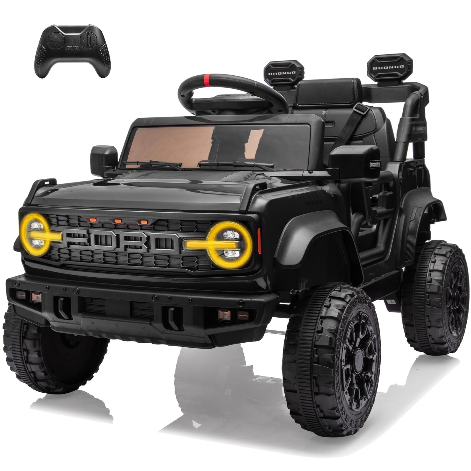 12V Kinder Elektroauto, Lizenziertes Ford Bronco Raptor Elektrofahrzeug, Auto mit Fernbedienung, 4-Rad-Federung, LED-Licht, Bluetooth, 3 Geschwindigkeiten (Schwarz)