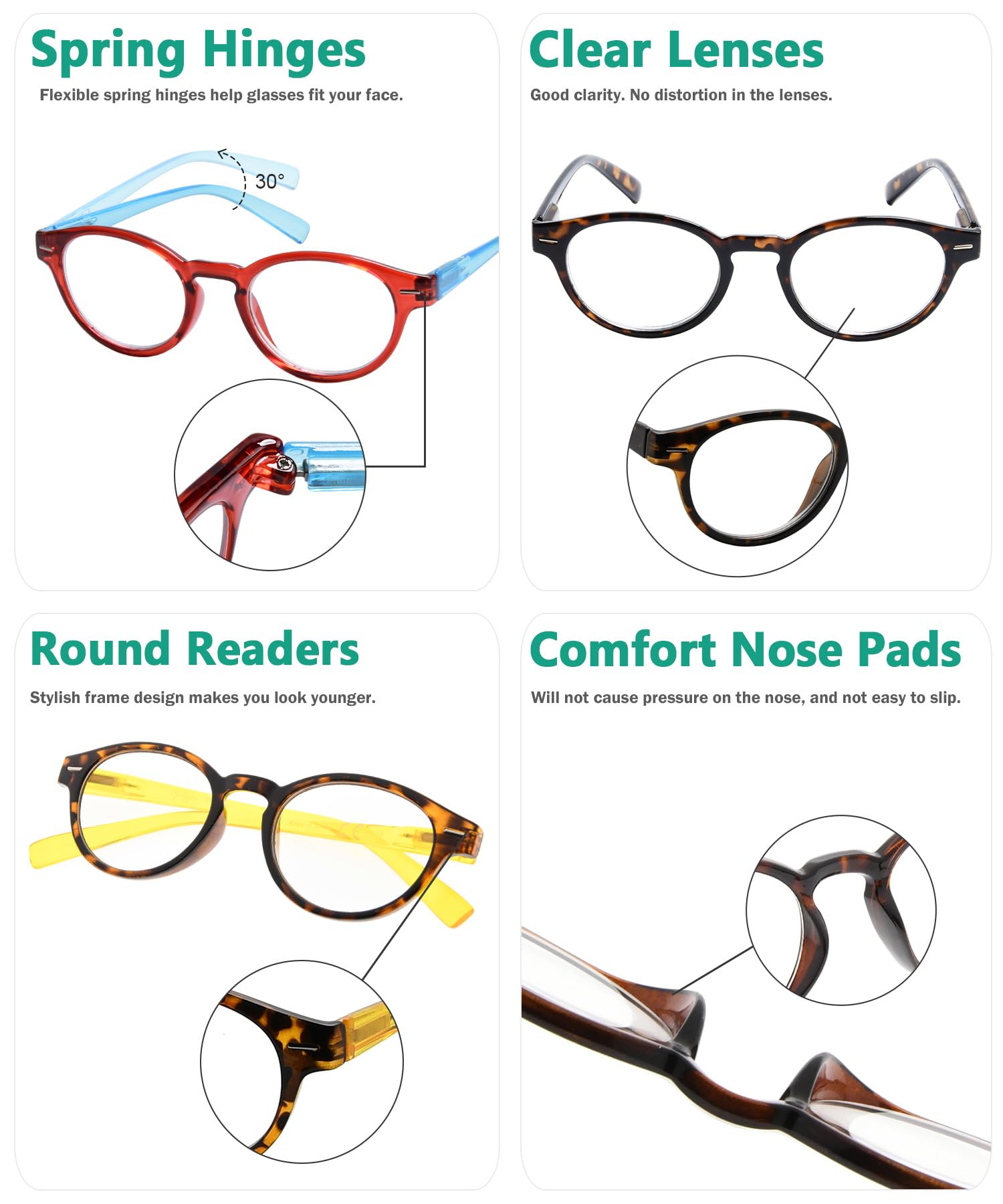 Eyekepper 6 Packs Womens Reading Glasses Spring Arms Stylish Round Readers - Mix +1.25, 6 works Mix - Image 4
