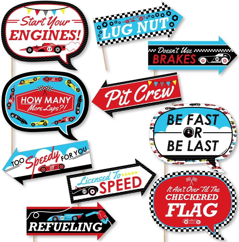 Funny Let's Go Racing - Racecar Photo Booth Prop Kit, DIY Setup - 10pc | Race Car Party Decorations, Arrow and Speech Bubble Shapes for Kids Birthday Parties, Prop Sticks Included, USA-made