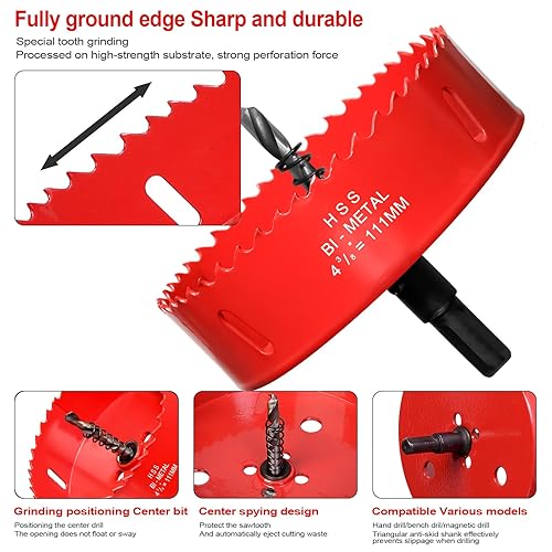 Miniatura 4 de Sierra perforadora de 4 38" (111 mm) para madera, cortador de agujeros bimetálico HSS con broca piloto para luces empotradas, tableros de PVC, fibra
