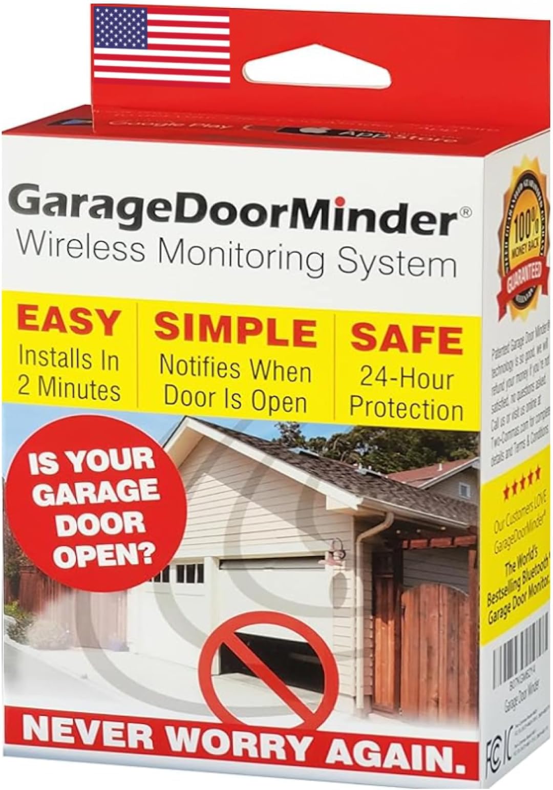 Garage Door Minder® Version II. 100% Wireless. Installs in Two Minutes! No Wi-Fi. in-Home Monitor & Alert System. Great for Seniors!