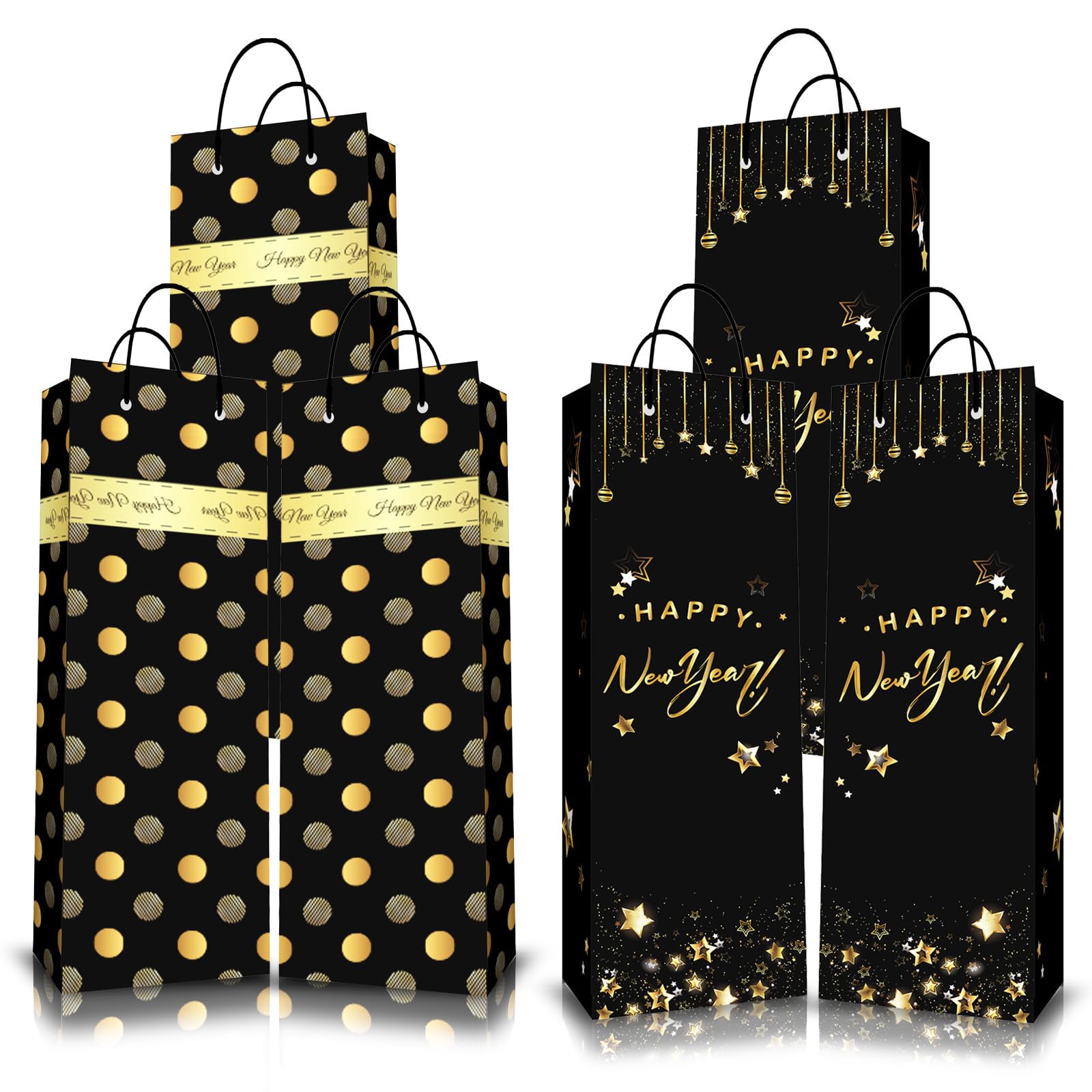 Happy New Year Bottle Bags Wine Carry Bag,Black Gold Gift Bags for Wine,Wine Bottle Gift Bag Multipack Kraft Paper WineBags with Rope Handle,New Year Eve BottleBags for Wines,Whiskey,Spirits,Champagne